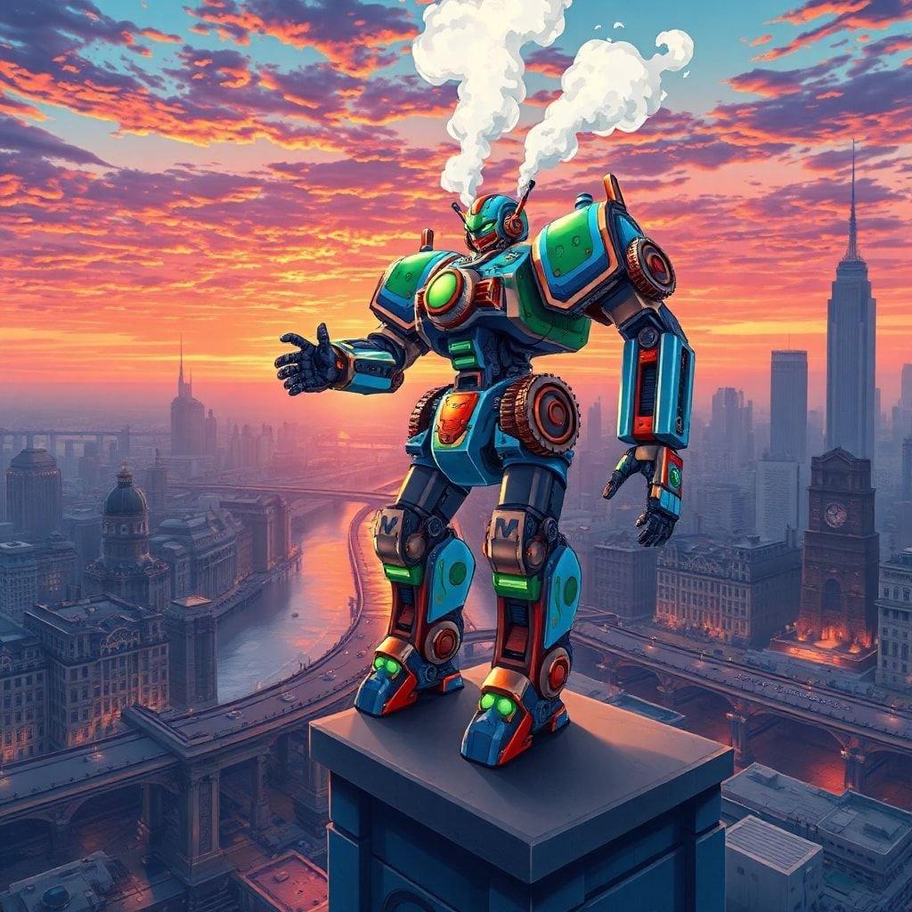 This anime wallpaper features a steampunk robot standing tall in a cityscape at sunset, with a mix of metallic silver and copper, and intricate mechanical parts and gears.