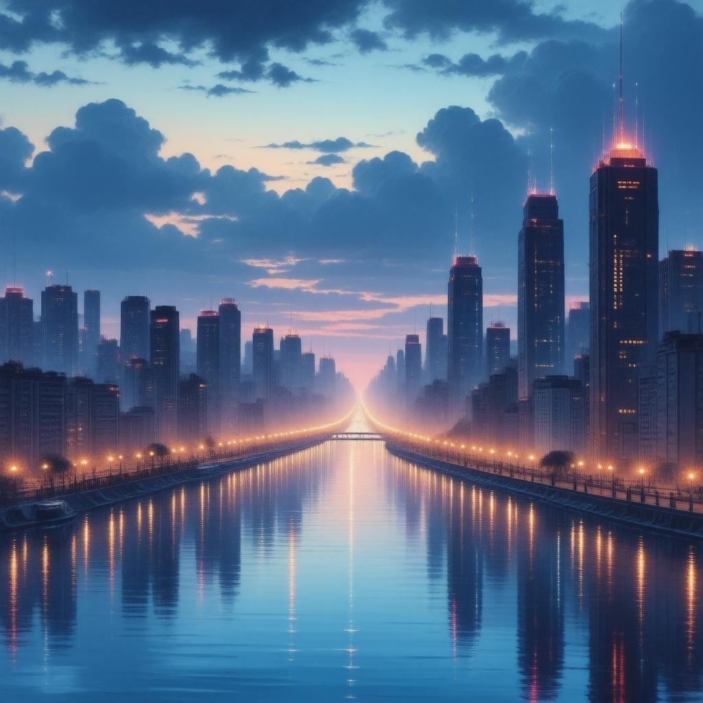 This stunning anime cityscape wallpaper captures a moment of tranquility and stillness, with a vibrant, colorful cityscape and a river of lights reflecting off the water. The illustration is a digital masterpiece, with neon lights and holograms creating an anime-like effect. The skyline is awash in blues and purples, with tall buildings and a sense of motion.