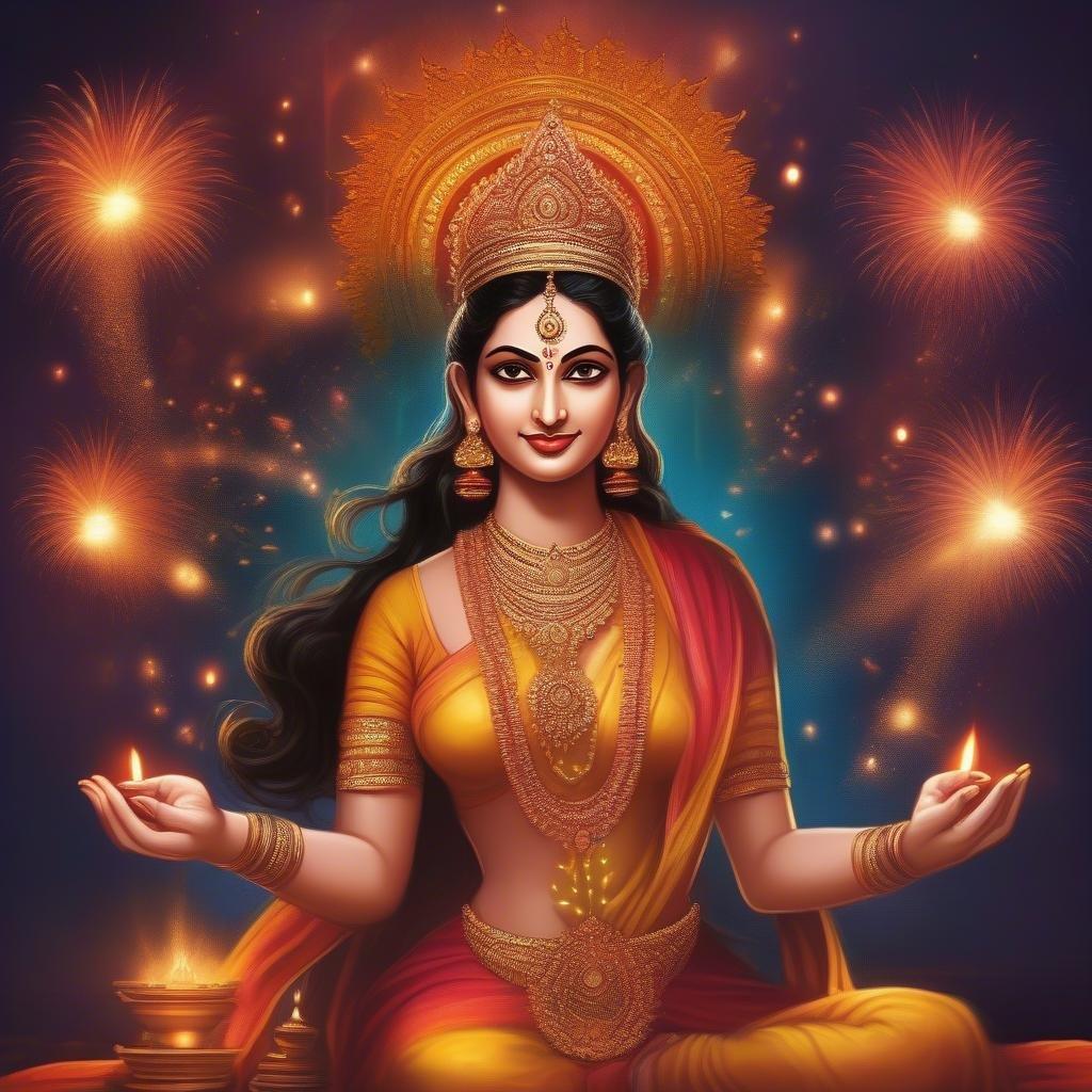 Embrace the spirit of Diwali with this enchanting image featuring a goddess of wealth and prosperity, adorned in traditional attire that symbolizes the festivities.