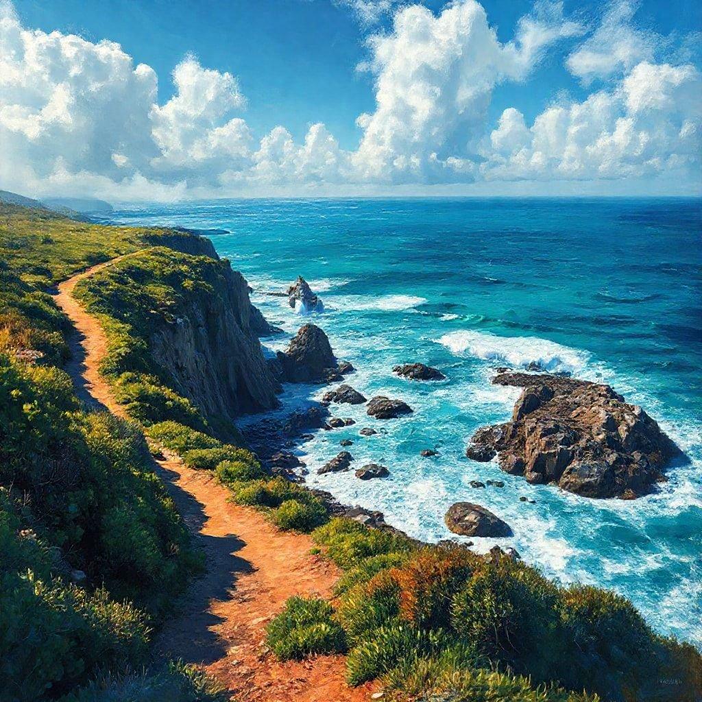 A tranquil hiking trail that meanders along the coastline, offering panoramic views of the ocean and cliffs.