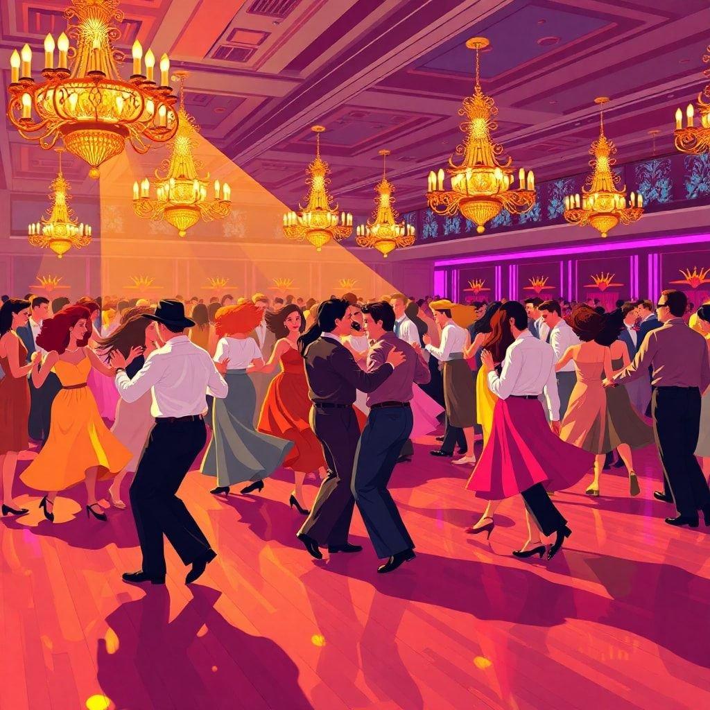 Get ready to jive through the vibrant world of mid-century dance halls in this retro wallpaper. Watch as the couples twist and shimmy, their feet tapping with the beat of the swinging jazz bands. The walls echo with laughter and the scent of perfume fills the air. Step back in time with this lively snapshot of a bygone era.