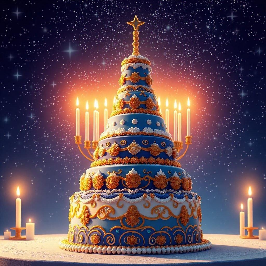 A golden blue candlelit Hanukkah cake with intricate icing designs, perfect for a festive holiday celebration.