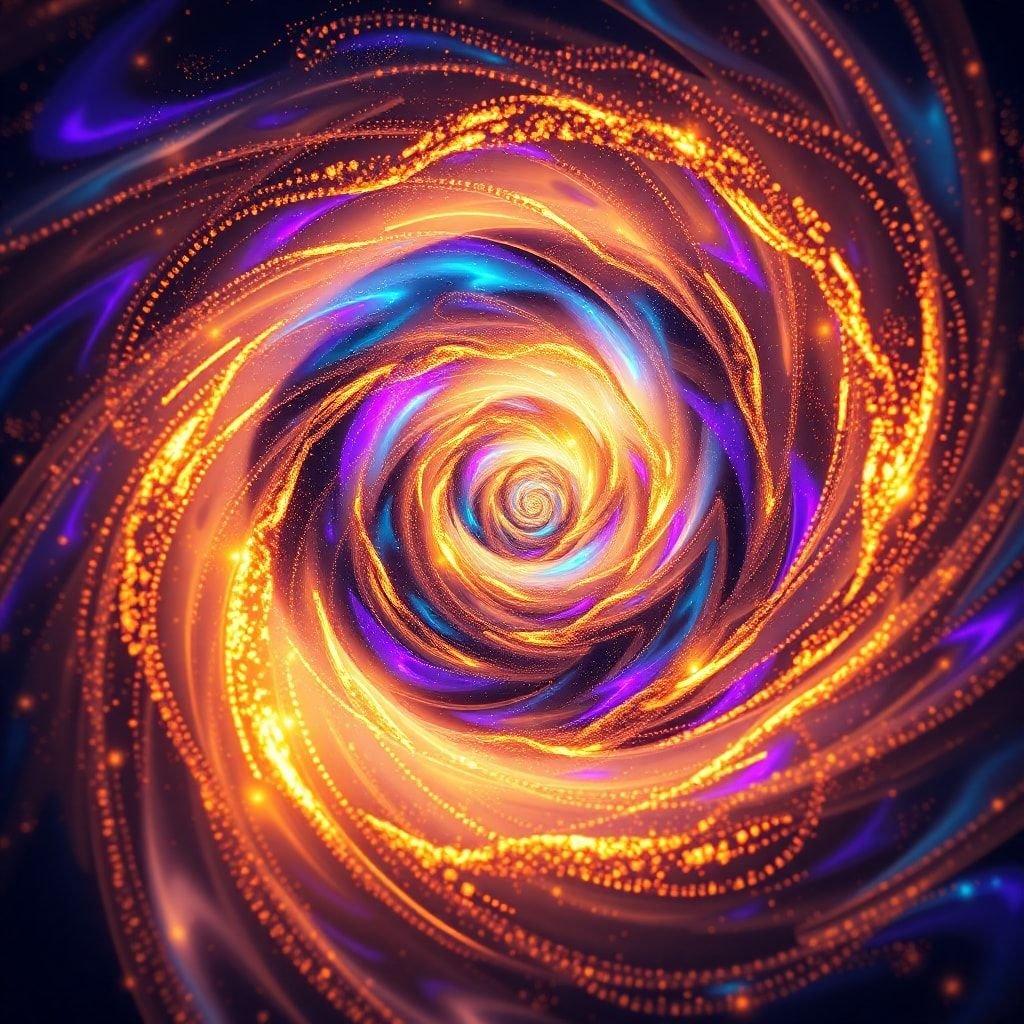 This mesmerizing abstract wallpaper captures the swirling force of cosmic energy. Watch as the golden spiral at the center draws you into its depths, surrounded by a galaxy of purple and blue sparkles that add to its mystical charm.