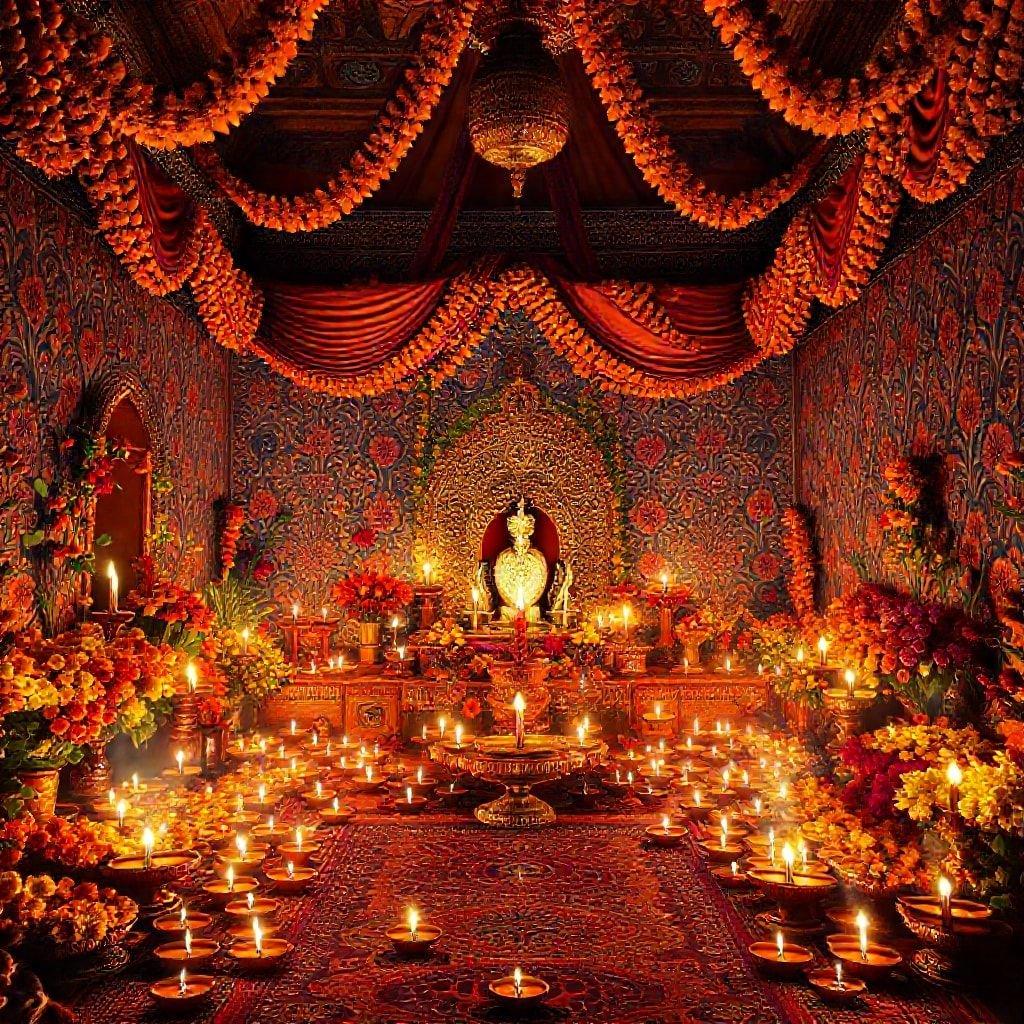 Indulge in the vibrant spirit of Diwali with this beautifully adorned temple, glowing with candles and flowers, a beacon of joy and light.