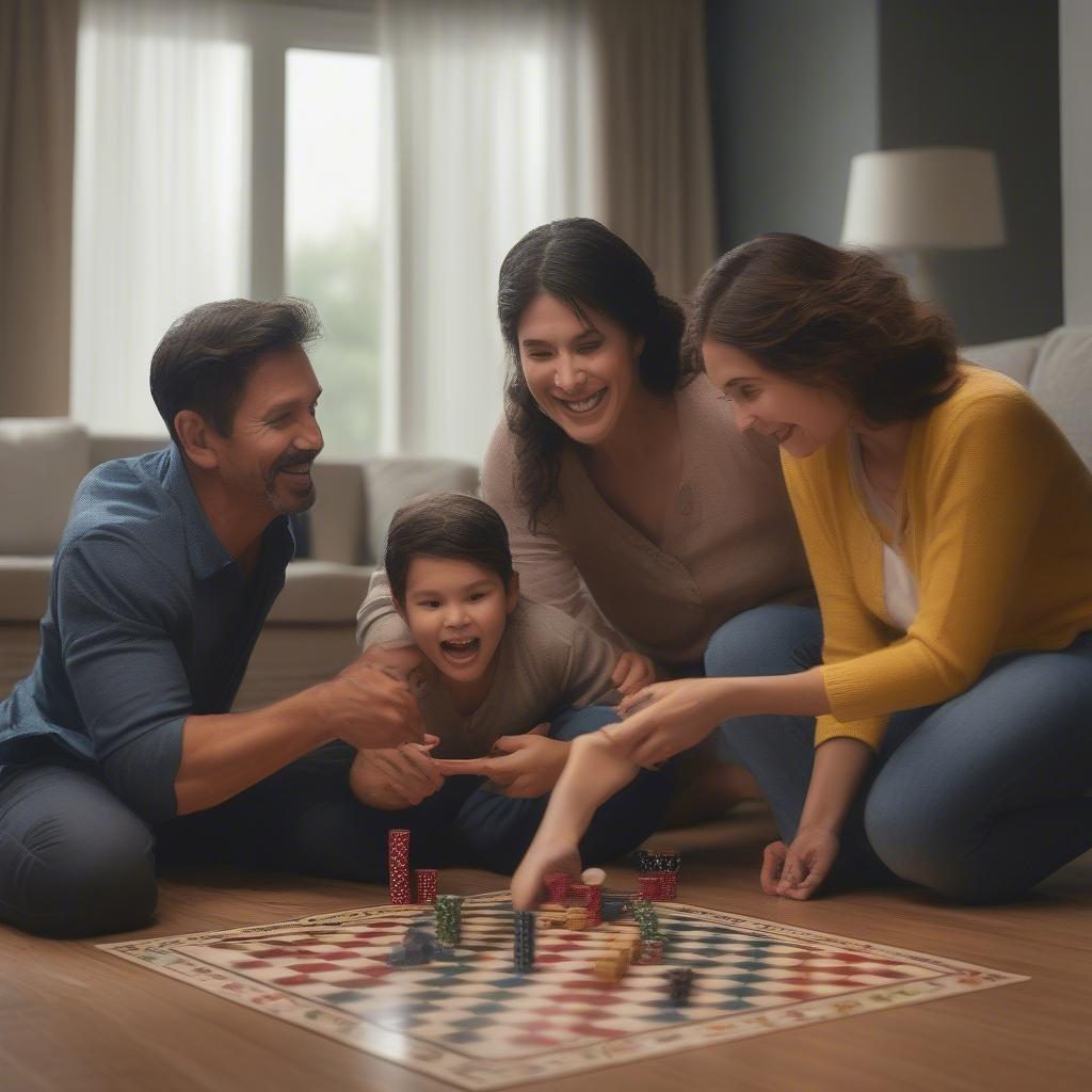 A family of four, enjoying quality time together on Father's Day. A father teaches his son how to play a game of checkers.