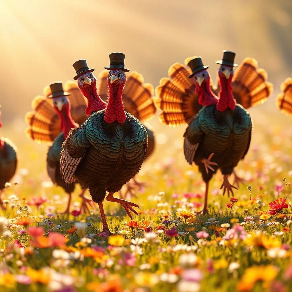 This image is perfect for celebrating Thanksgiving. It features a group of turkeys in a field of flowers, which is a great way to add some festive cheer to your desktop or mobile wallpaper.