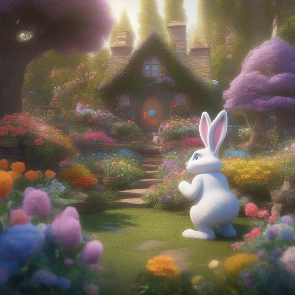 Welcome to a whimsical Easter scene, where every rabbit has a home in this enchanted garden. Bunny friends are enjoying the colorful flowers that spring up all around them, making it the perfect spot for an Easter egg hunt.