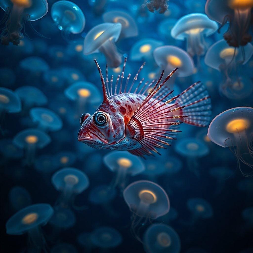 Esta imagem é uma impressionante cena subaquática com um peixe-leão nadando entre águas-vivas. O peixe-leão tem uma coloração vibrante em vermelho e branco com listras e manchas distintas, e suas nadadeiras estão amplamente abertas enquanto desliza pela água. As águas-vivas são translúcidas e brilham na luz suave, criando um efeito hipnotizante. O fundo é de um azul profundo, com toques de verde e amarelo, aumentando a sensação geral de profundidade e mistério. Esta imagem é perfeita para quem ama o oceano e suas criaturas.