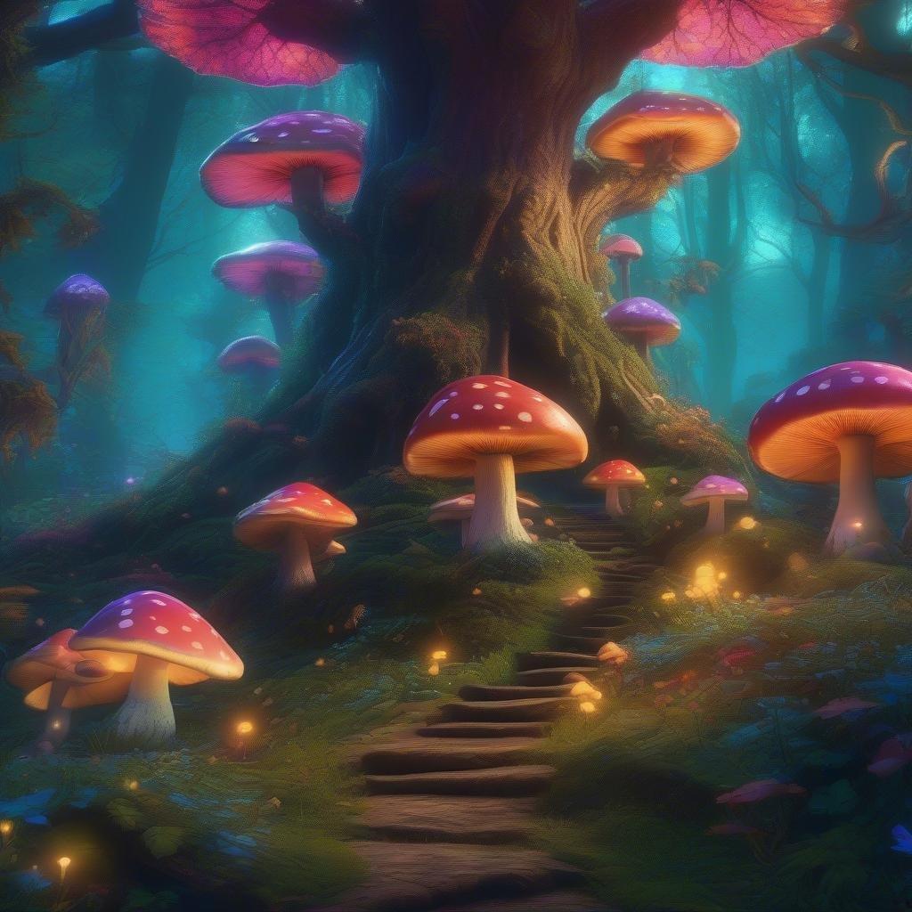 Welcome to a whimsical forest where mushrooms are the main attraction. Stroll down this path and discover what lies at the heart of this magical landscape.