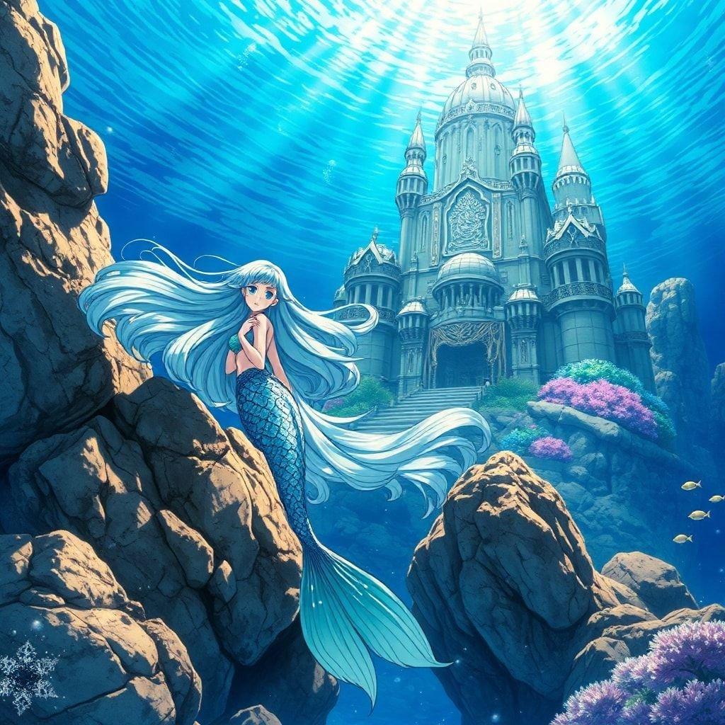 This enchanting wallpaper features a charming mermaid princess standing on a rocky outcrop underwater, with a large castle-like structure in the background, showcasing intricate architecture and a bright blue sky.