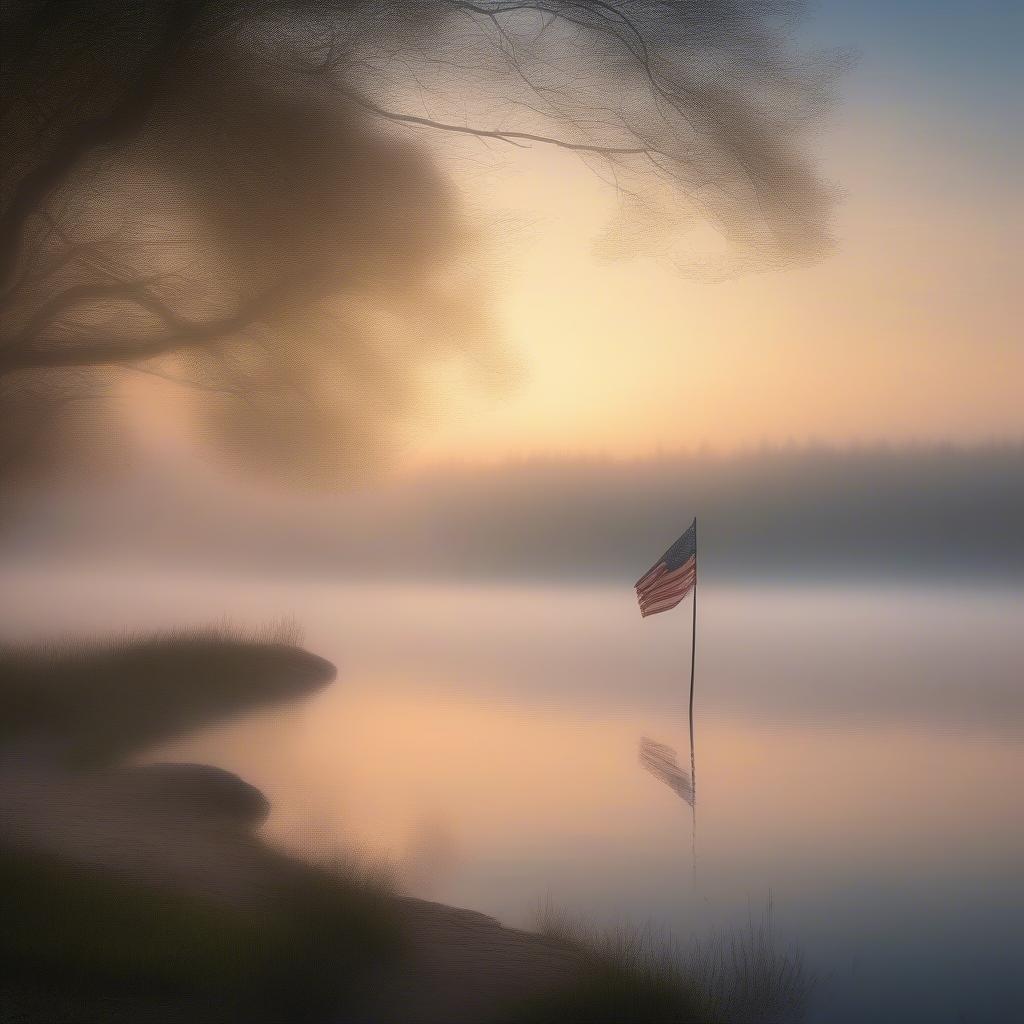 Celebrate Independence Day with this scenic view. A lake at dawn, a flag waving in the breeze, and the American flag flying high.