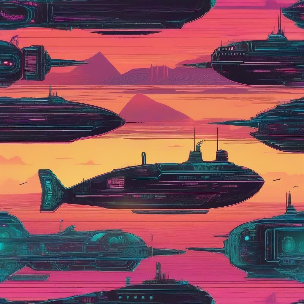 A vibrant scene featuring an array of submarines, each bathed in the futuristic glow of neon lights. This image captures the essence of cyberpunk aesthetics with its bold use of color and imaginative design.