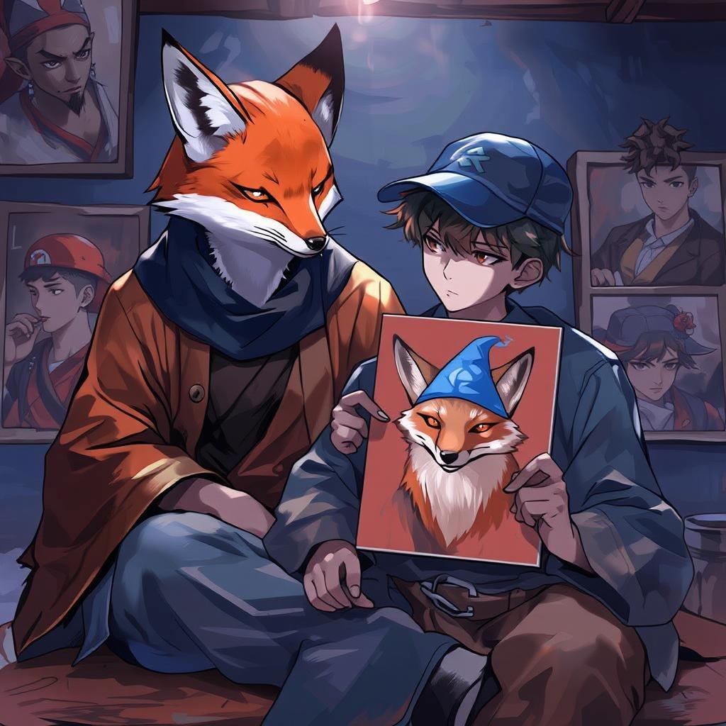 Esta imagem cativante mostra uma colaboração única entre um jovem artista e um espírito raposa, enquanto eles se sentam juntos em uma mesa de madeira, cercados pelo trabalho do artista. A raposa, adornada com um chapéu vermelho, observa o jovem, que usa um chapéu azul, uma jaqueta marrom e uma camisa azul. O jovem segura uma pintura de uma raposa com um chapéu azul, enquanto a raposa usa um chapéu azul e um chapéu preto. O fundo apresenta uma parede azul escura com pinturas de pessoas, acrescentando à atmosfera artística.