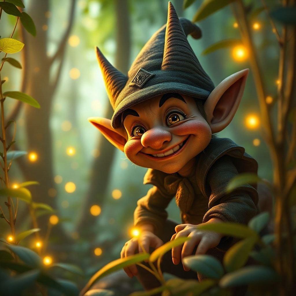 A cheerful elf smiling in the magical woodland, full of life with glowing sparkles in the background. A fantastical scene from a world of enchantment.