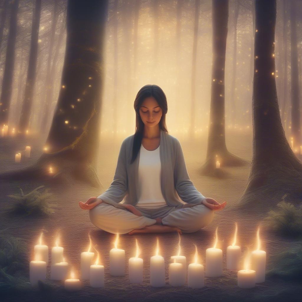 A woman in meditation, surrounded by lit candles, symbolizing hope and tranquility as she embarks on a new year.