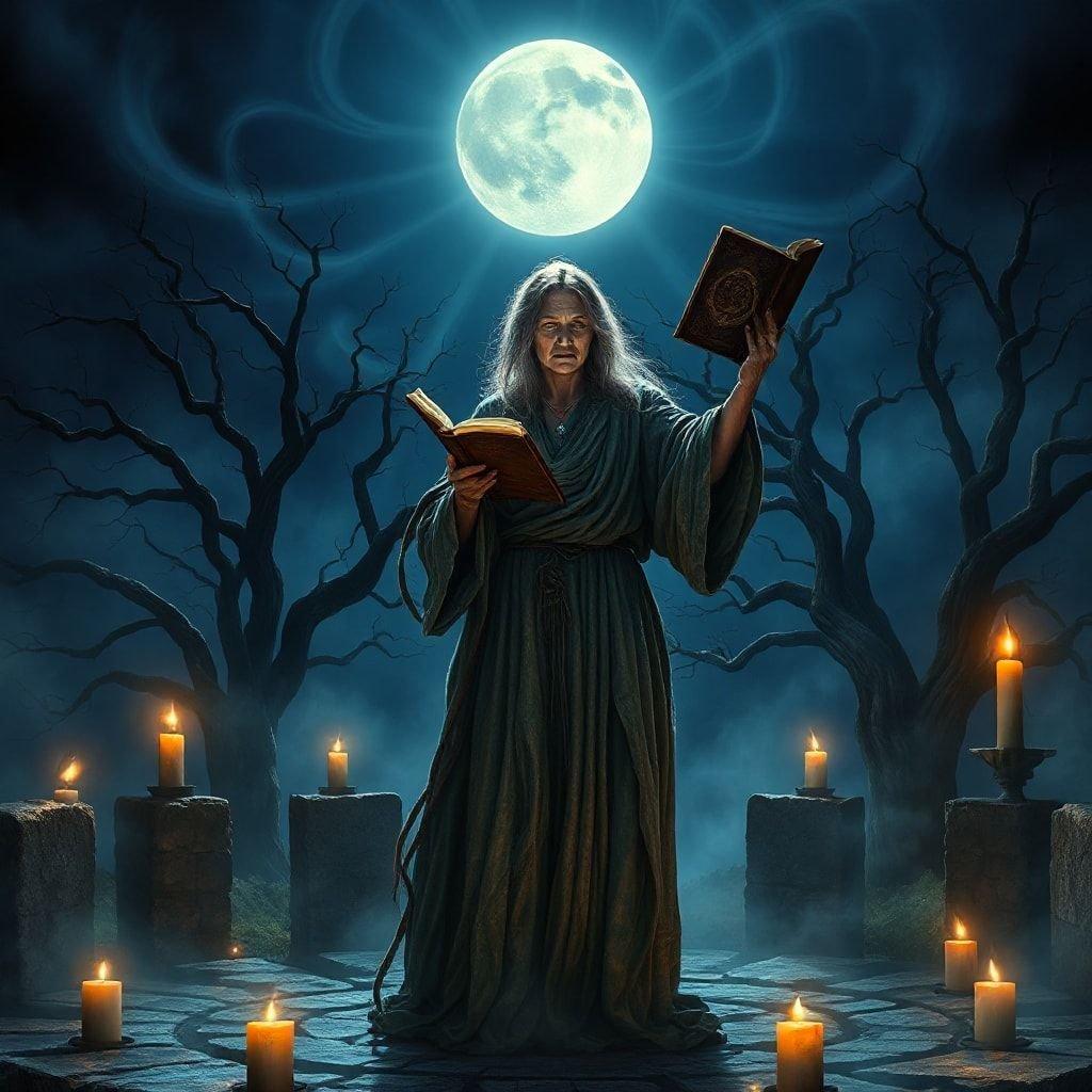 A witch with an ancient book in hand, bathed in the light of a full moon.