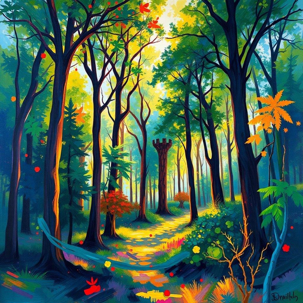 A vibrant forest path surrounded by trees, illuminated by sunlight filtering through the canopy. The ground is a carpet of fallen leaves in shades of orange, yellow and red, with hints of green from lingering foliage.