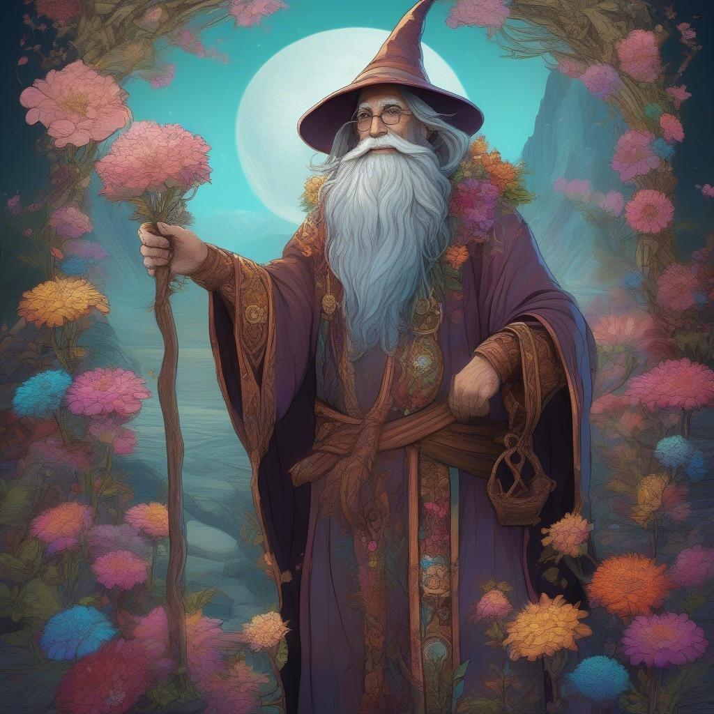 Embark on an enchanting journey with a mystical wizard holding the magical flowers of the night sky.