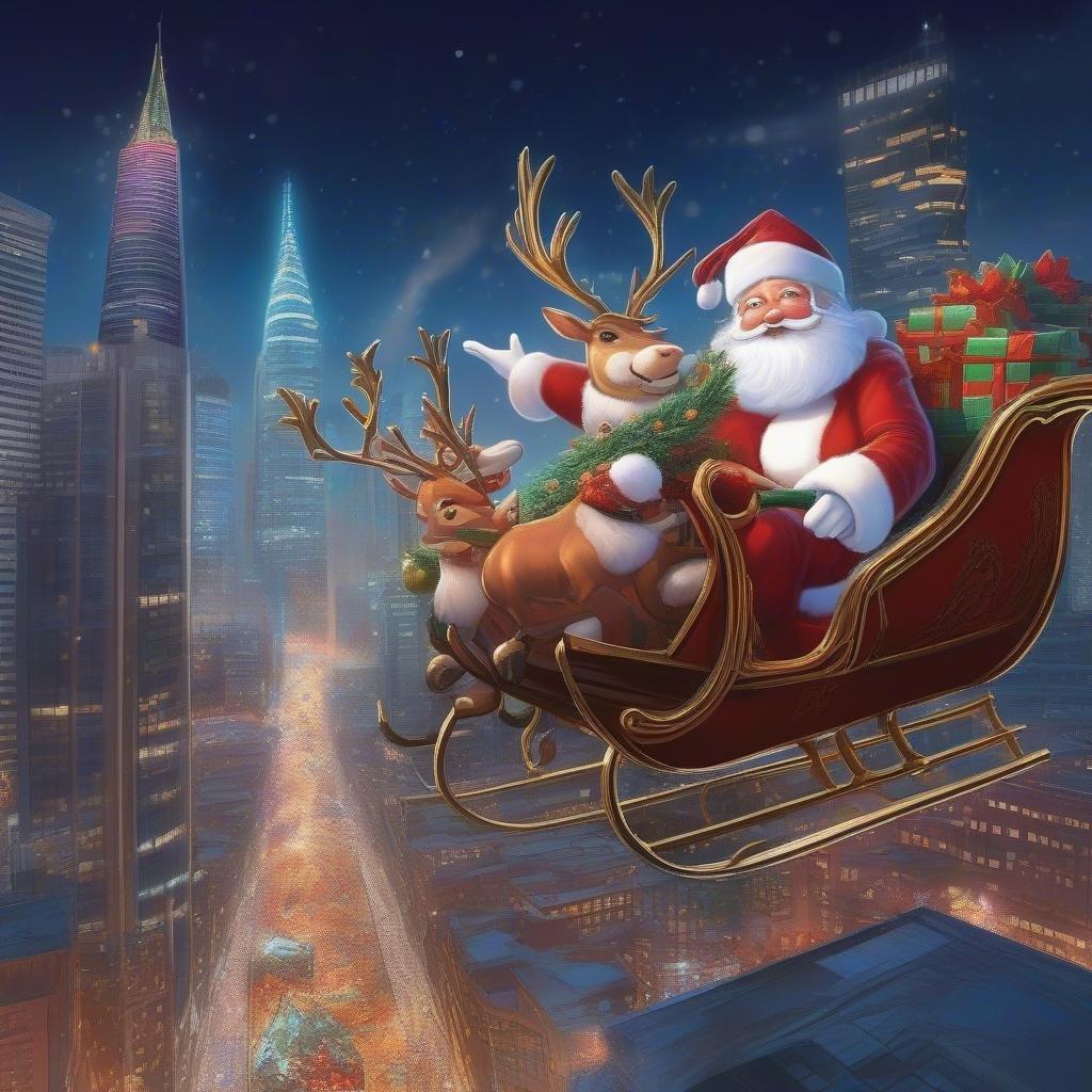 A festive scene featuring Santa Claus driving his sleigh, pulled by reindeer. The city is bathed in holiday lights, making it a perfect Christmas wallpaper for desktop and mobile devices.