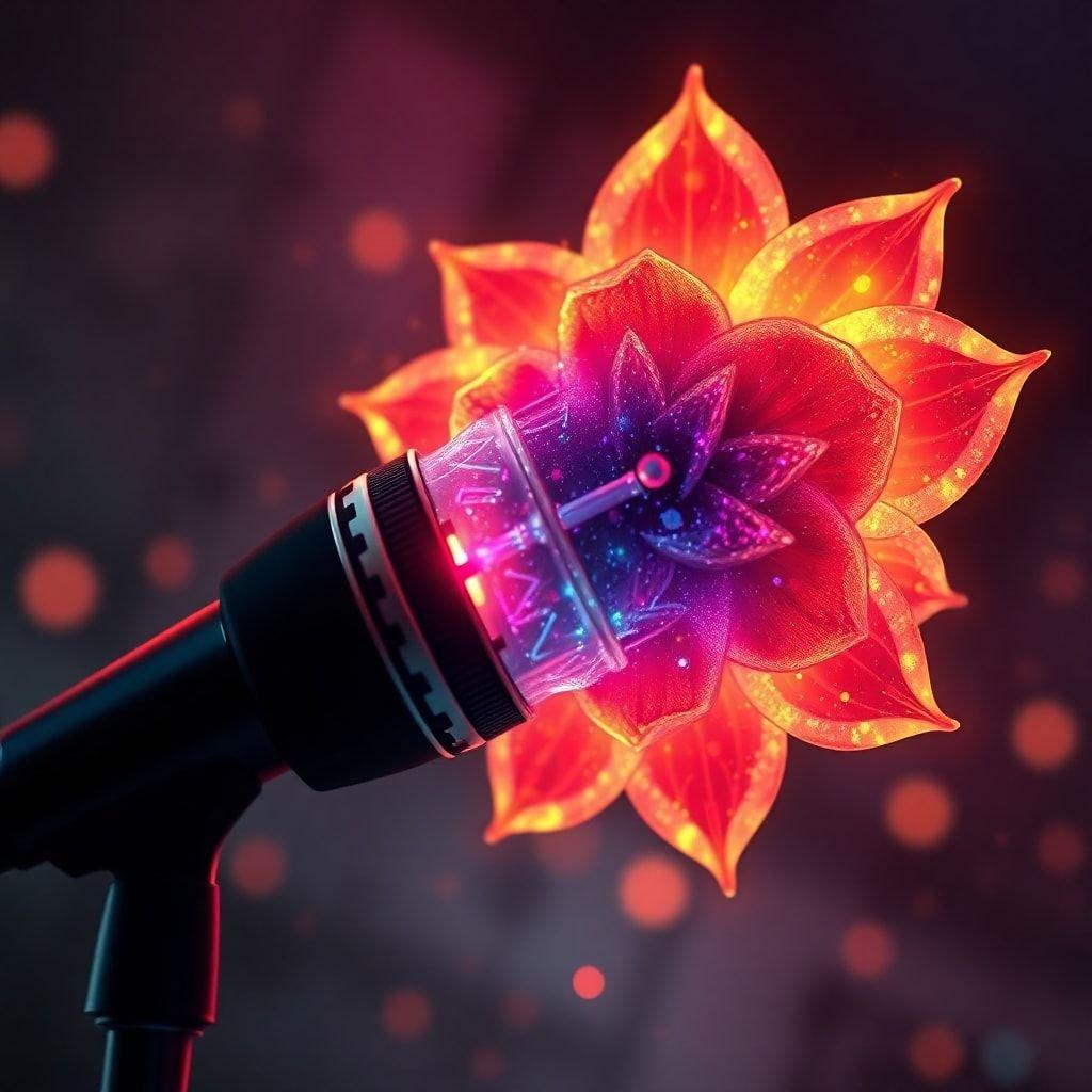 A vivid stage light with red, blue, yellow, green, and purple hues illuminating a glittering flower-like design on its surface.