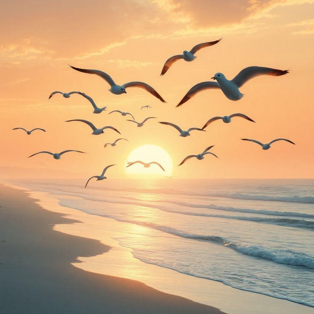 A picturesque scene with a flock of seagulls flying in front of a beautiful sunset on the beach.