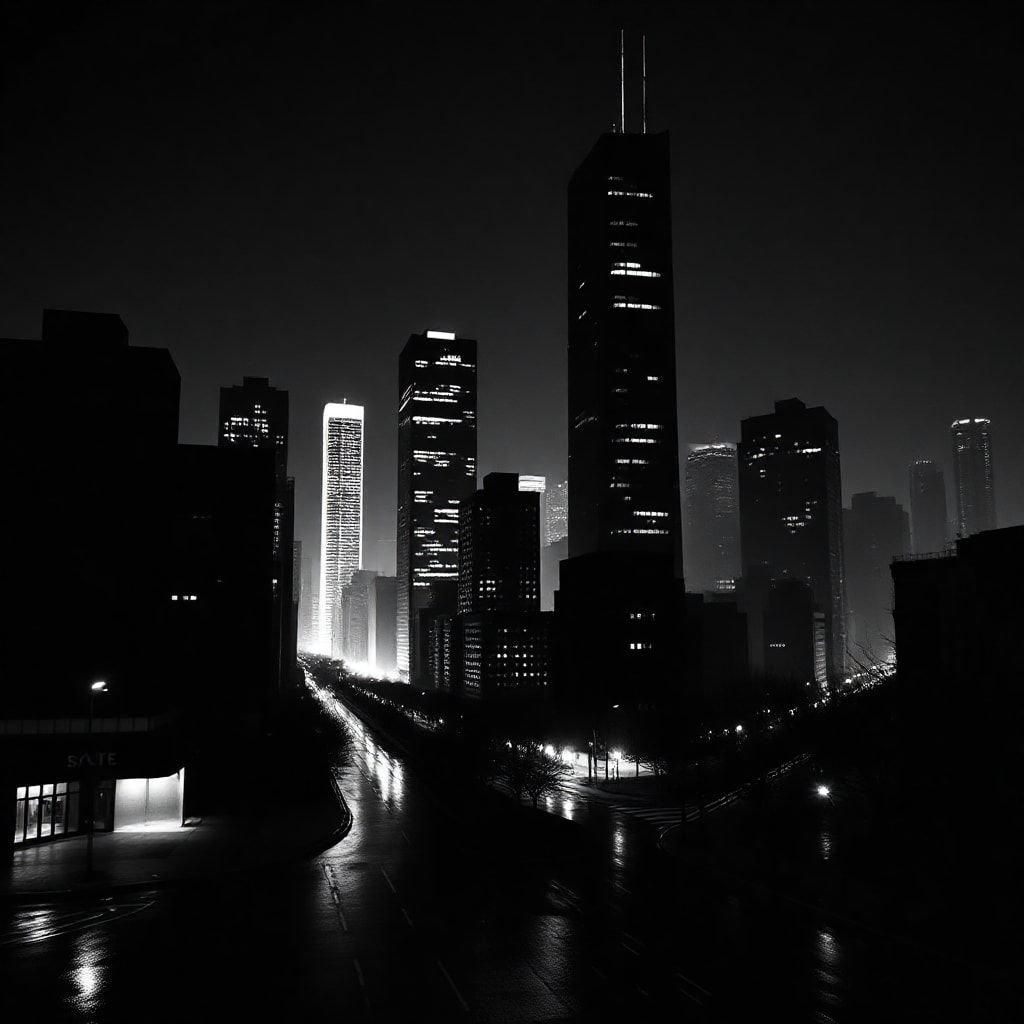 A nocturnal city scene, capturing the quiet stillness of an urban jungle after dark, bathed in artificial lights. A blend of classic architecture against a modern metropolis skyline.