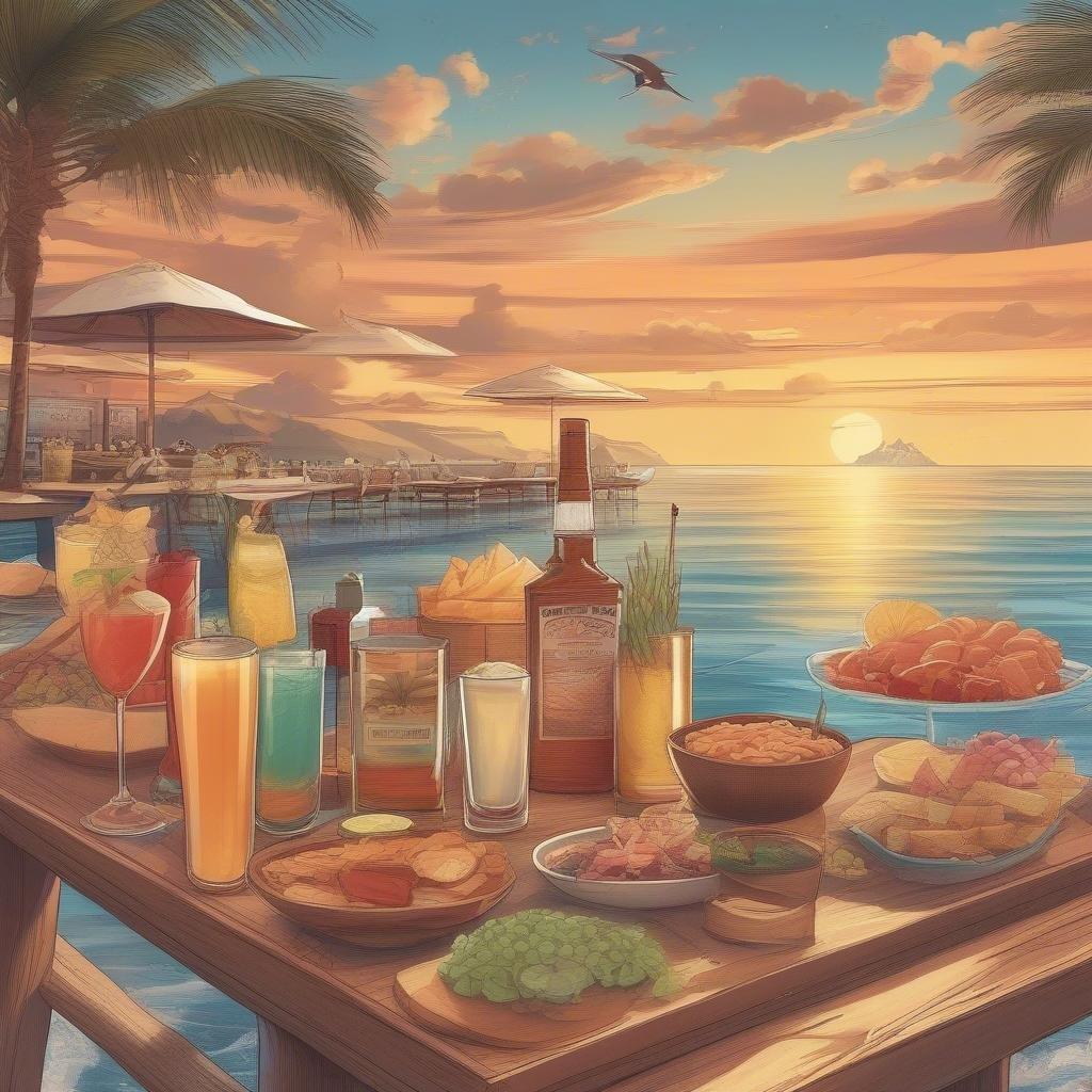 Savor the flavors of a tropical paradise with this stunning sunset feast. Enjoy the warm glow of the setting sun as you indulge in a delicious spread of exotic delicacies.