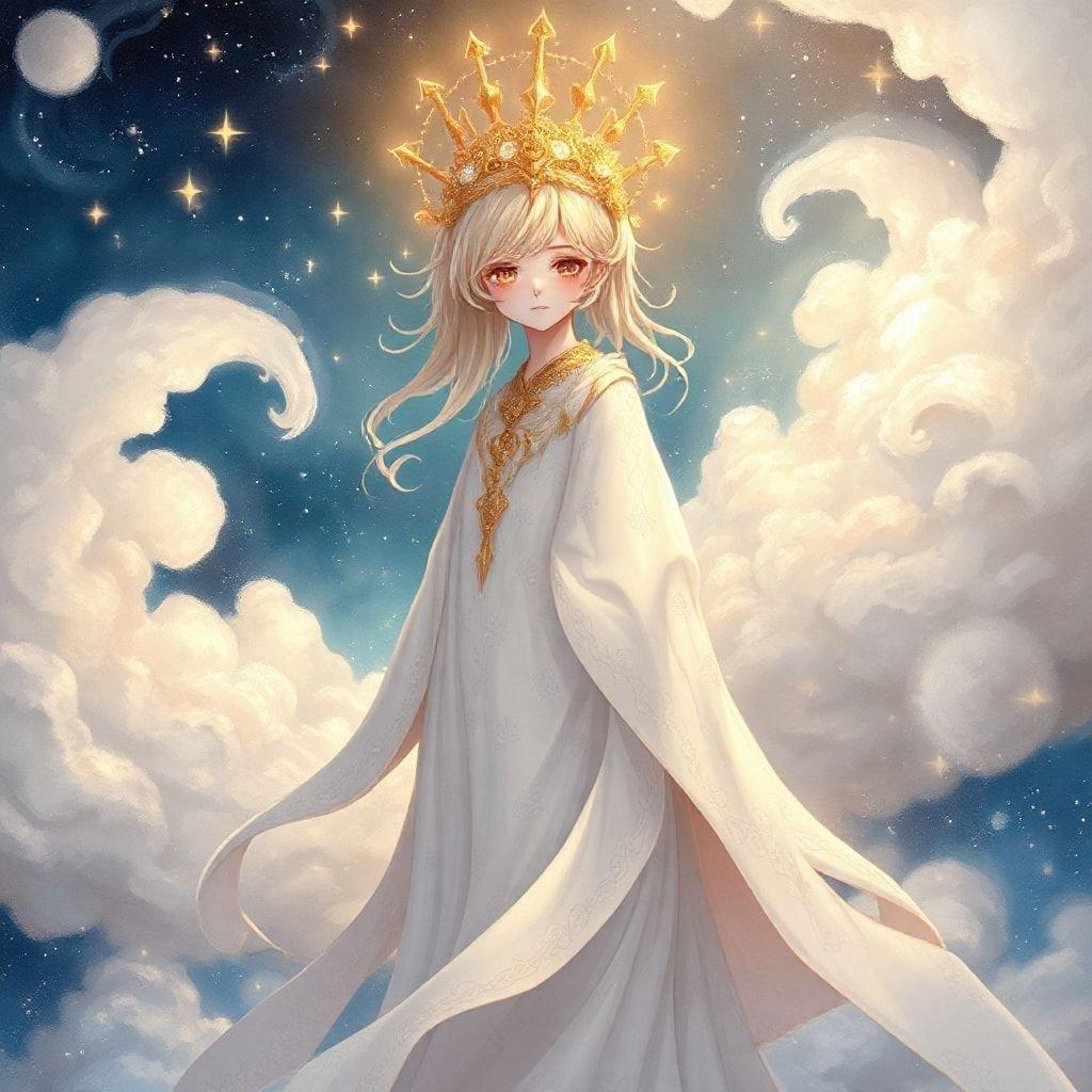 Una creatura celestiale con bellezza eterea, vestita con una veste bianca pura e coronata da un'aureola dorata, si erge tra nuvole vorticosi e cieli stellati, incarnando la serena maestosità di un guardiano anime o figura mitica.