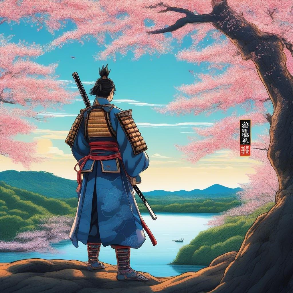 Diese Anime-Stil-Illustration zeigt einen Samurai-Krieger, der auf einer Klippe steht und einen ruhigen See überblickt, umgeben von einem üppigen Wald mit Kirschblütenbäumen. Die Haltung des Kriegers vermittelt ein Gefühl von Bewegung und Kraft, während die lebendigen Farben und die filigranen Details die Szene zum Leben erwecken.