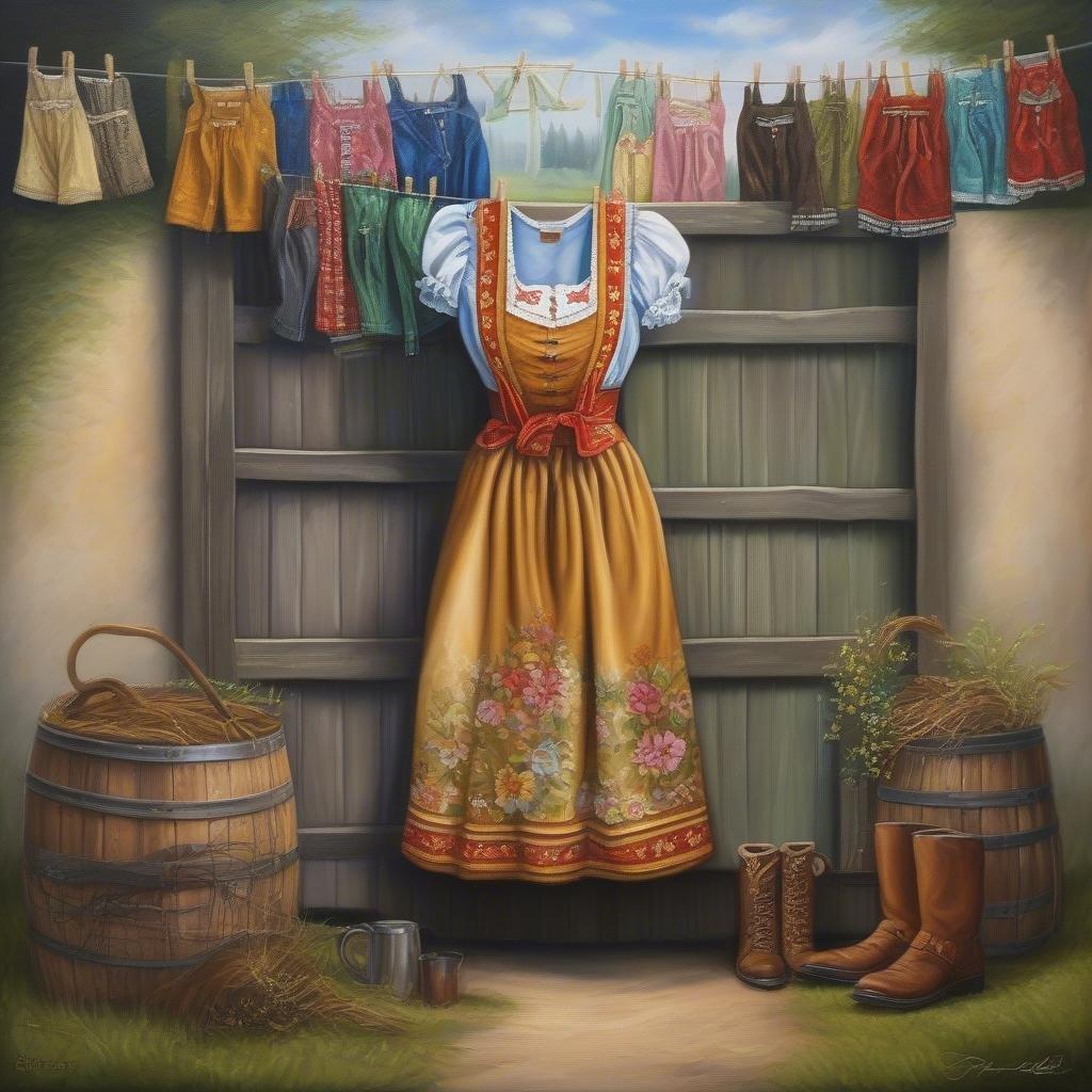 A cheerful Oktoberfest scene with traditional Bavarian clothing and wooden kegs, ready for a festive celebration.