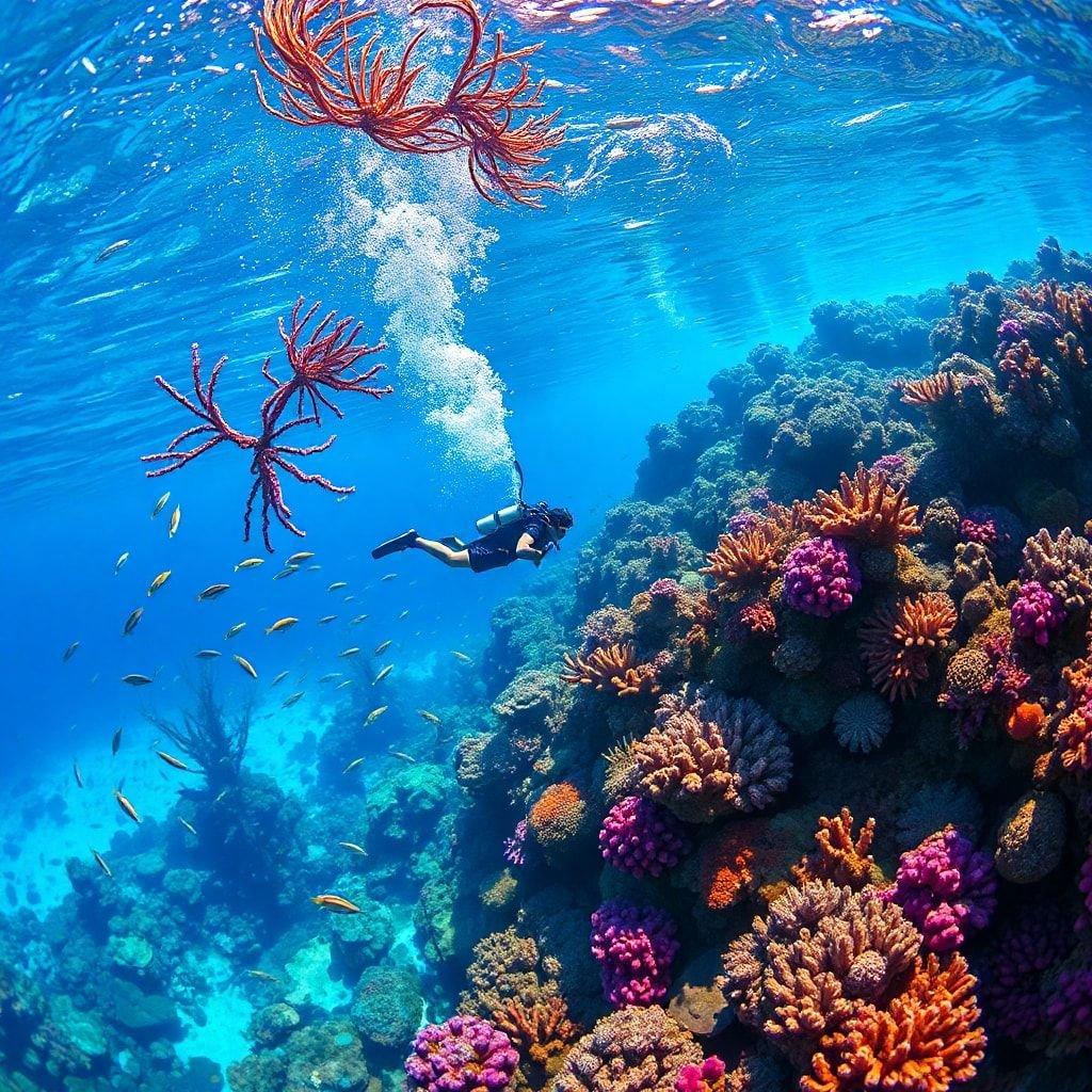 Explore the vibrant coral reefs and swim with friendly marine life in this tropical ocean scene.