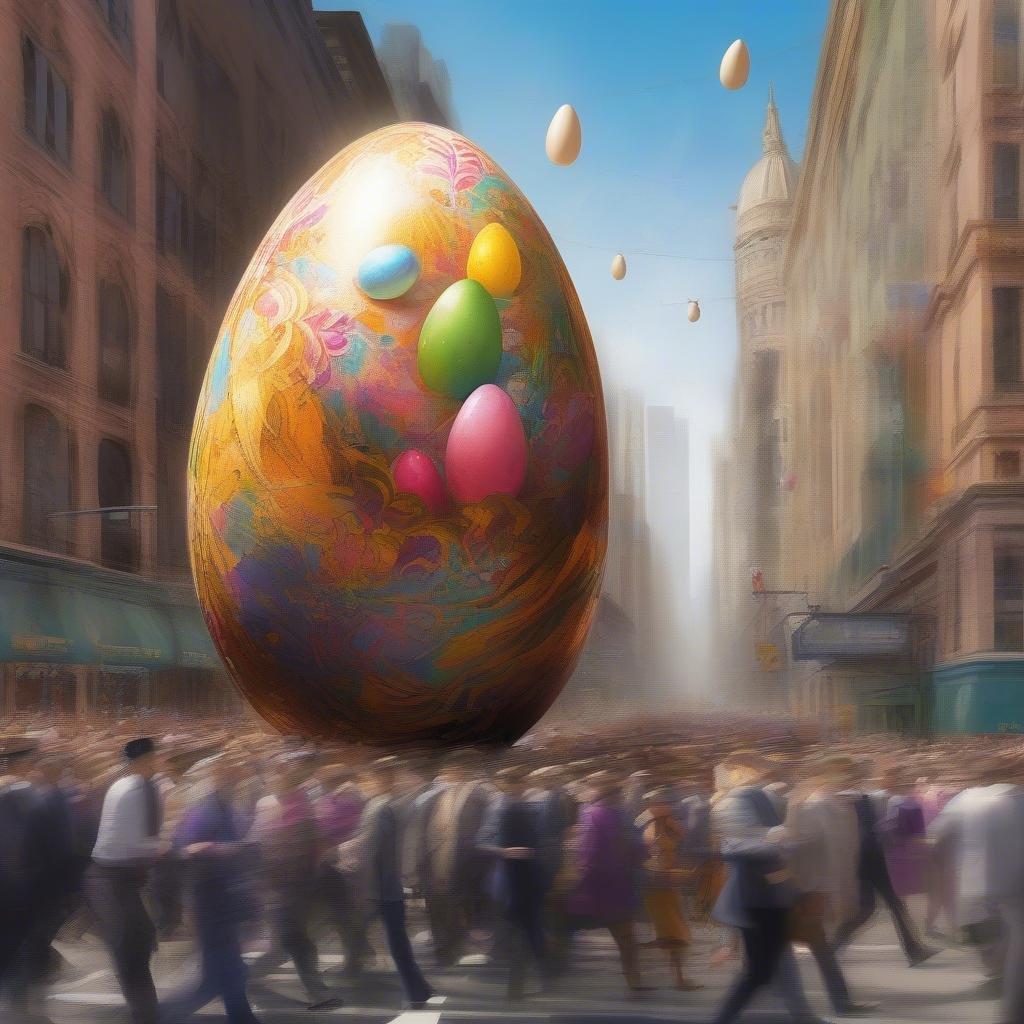 A lively scene from an Easter parade, with people enjoying the vibrant colors of a giant Easter egg adorned with multicolored candies.