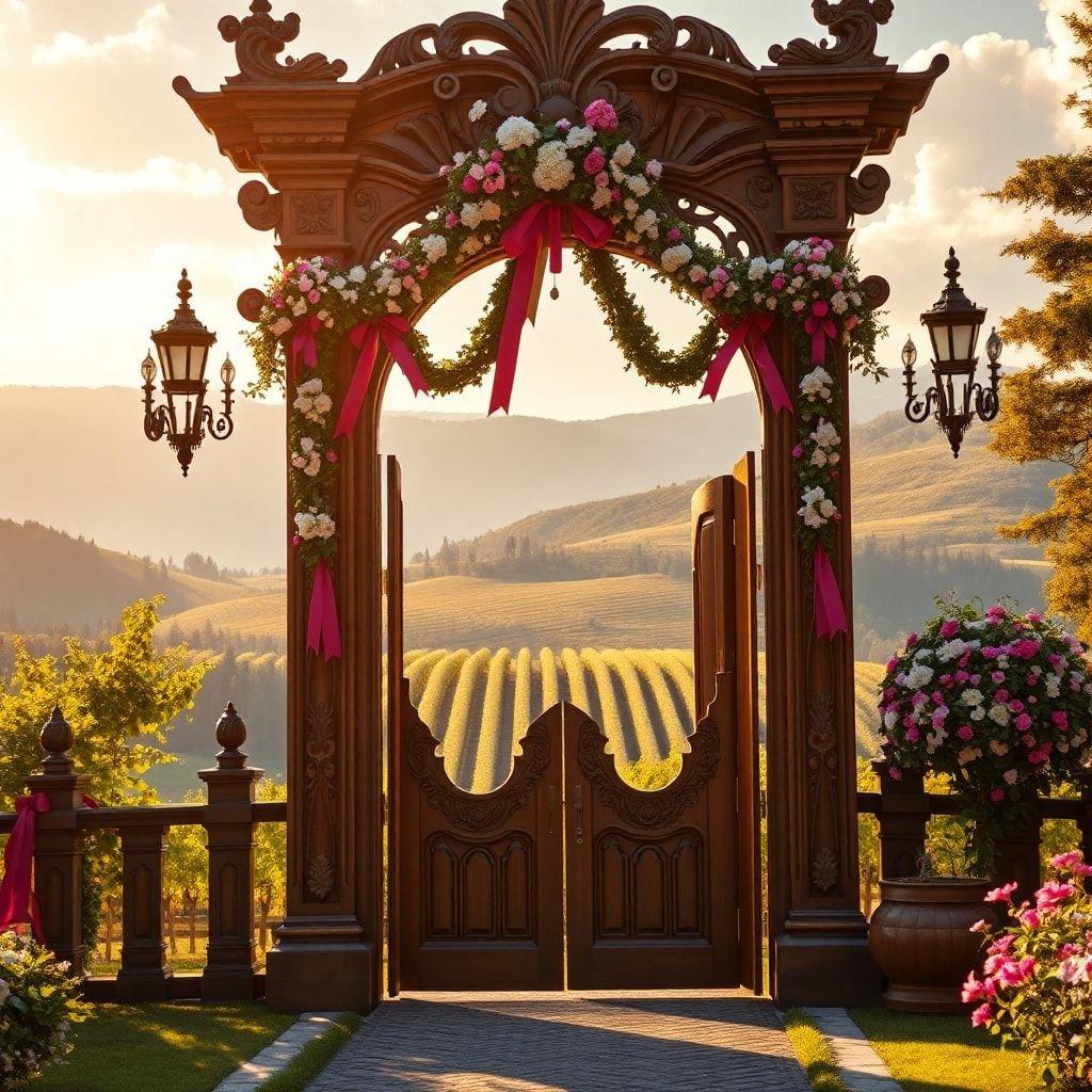 A picturesque entrance to a vineyard, welcoming visitors with its archway adorned with flowers and lights.