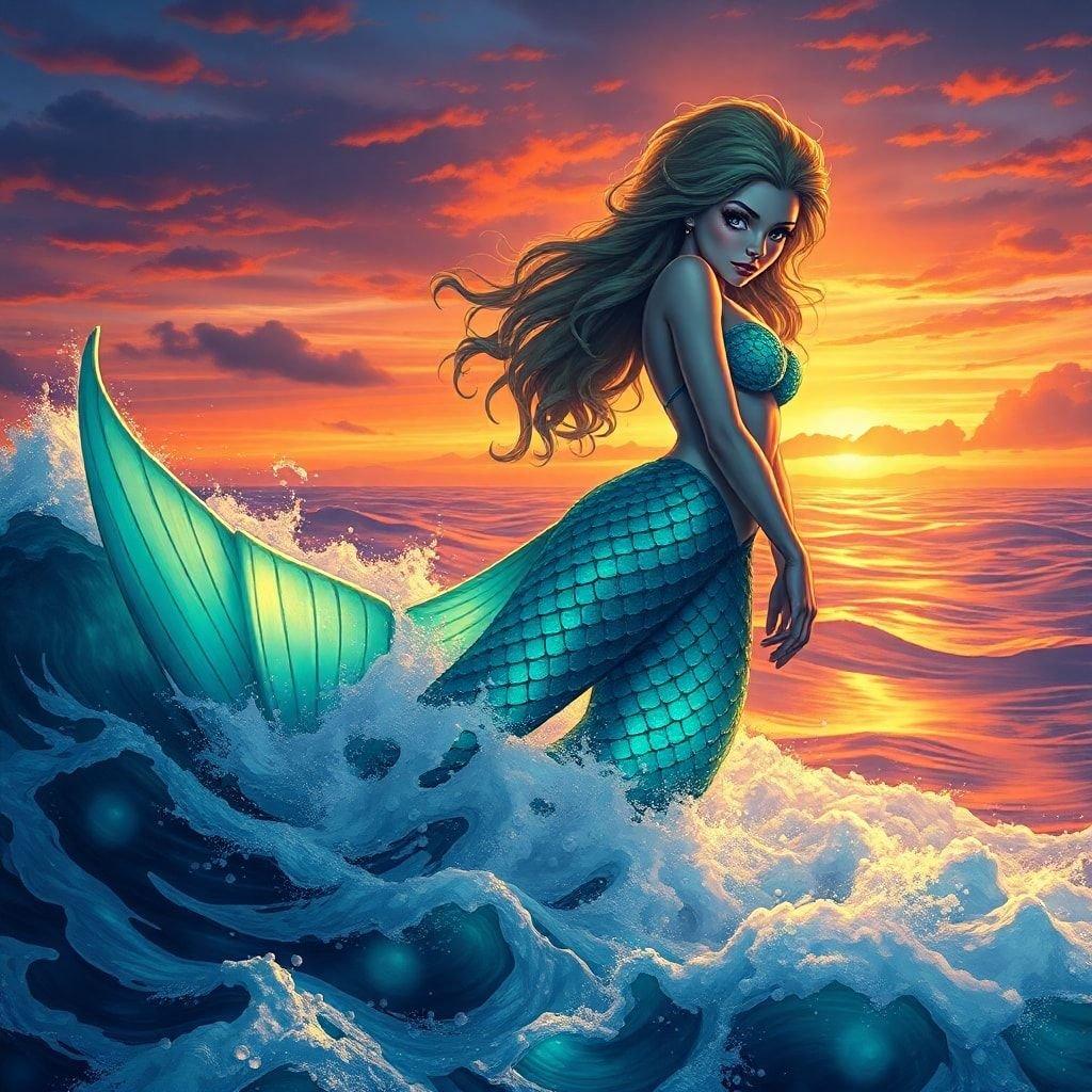 A beautiful mermaid swimming in the ocean at sunset.