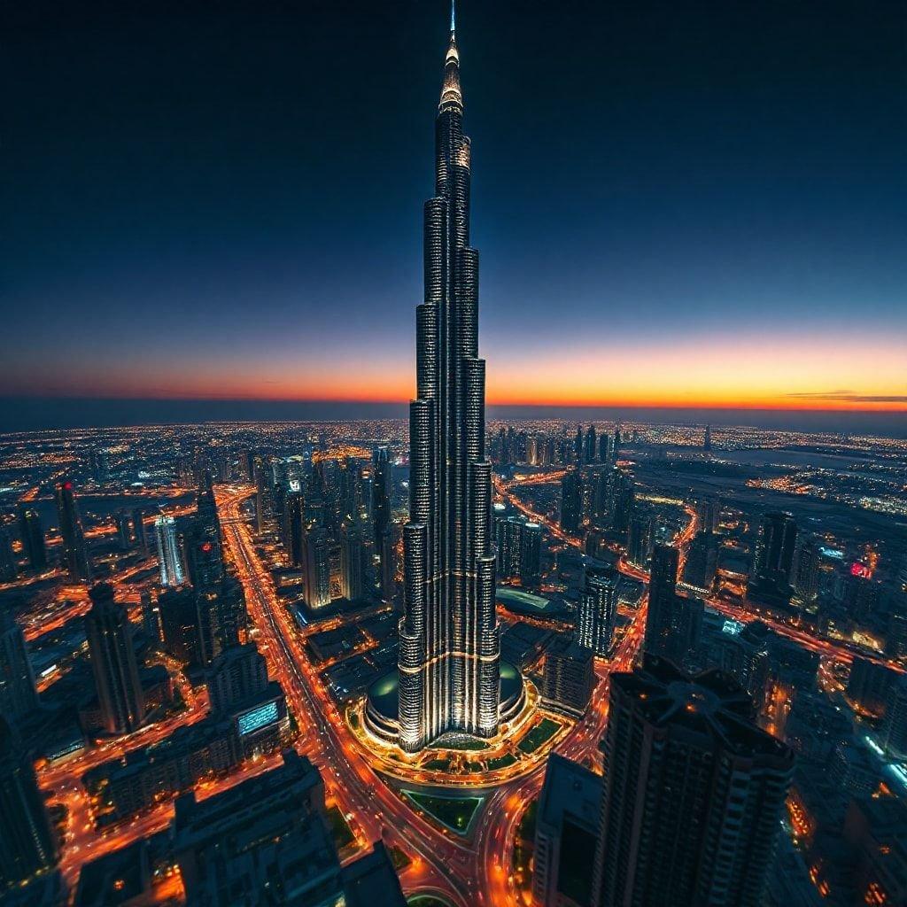 A stunning view of the Dubai skyline, featuring the iconic Burj Khalifa, the tallest building in the world.