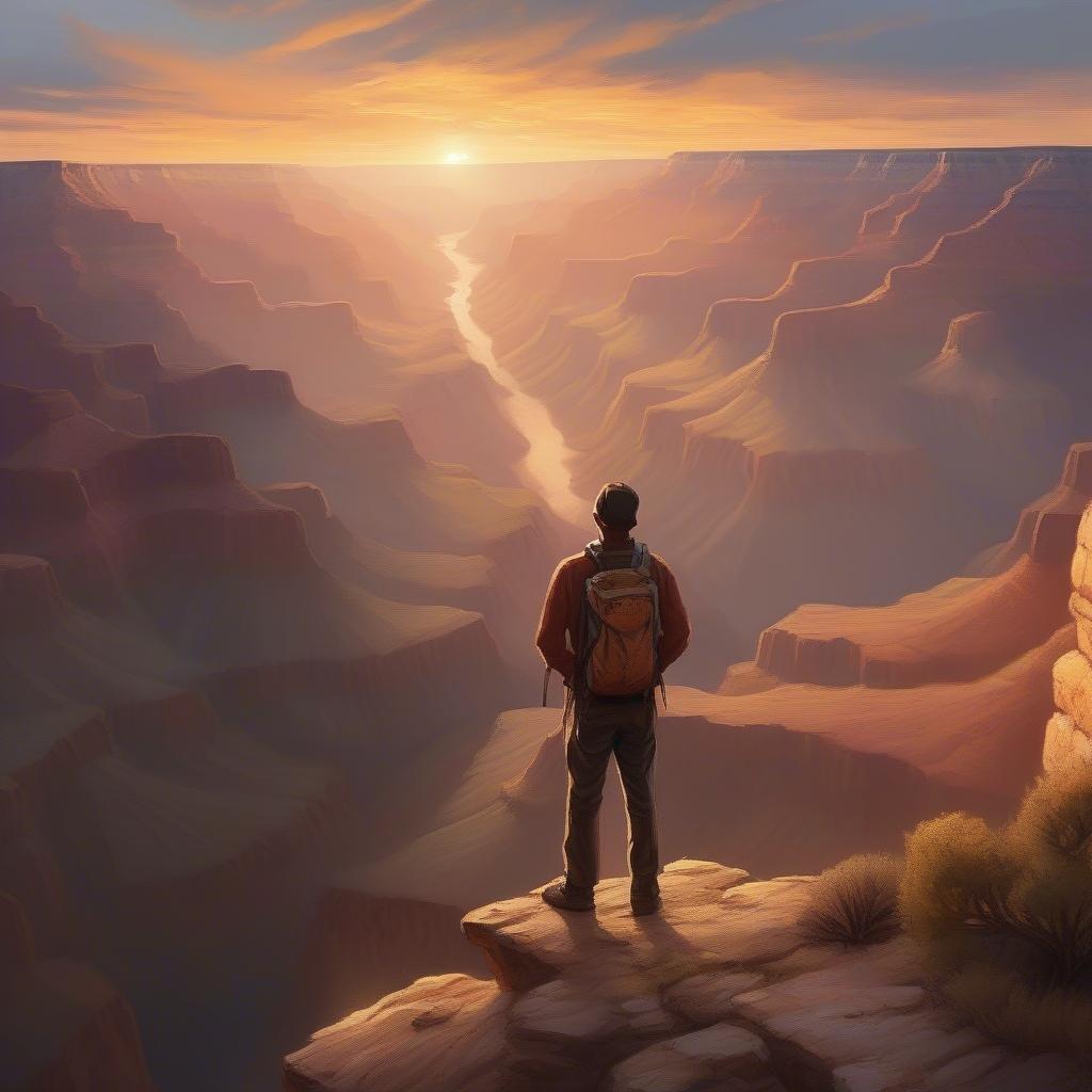 A traveler overlooking the majestic Grand Canyon as the sun rises, illuminating the vast landscape with a warm glow.