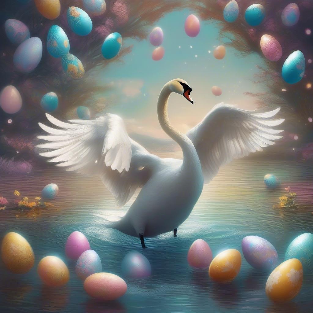 A majestic swan gracefully floats amidst an Easter egg hunt, surrounded by a vibrant array of multicolored eggs scattered throughout the water.