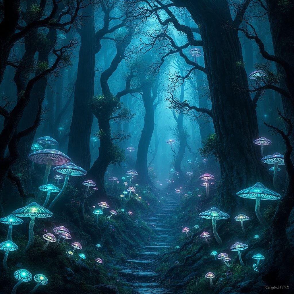 Enter the enchanting realm of mushrooms and magic, where every step is an adventure through a mystical forest at twilight. The glowing pathway guides your exploration deep into this fantastical world.