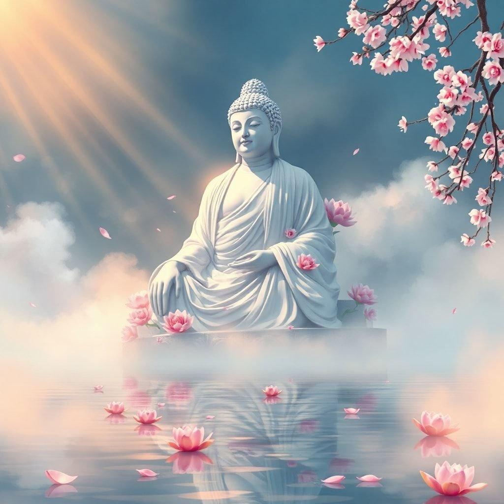 Una pittura ad olio pacifica che cattura la maestà di una massiccia statua di Buddha che emerge dall'acqua in un sereno sfondo di nebbia e luce, adornata con fiori di loto.