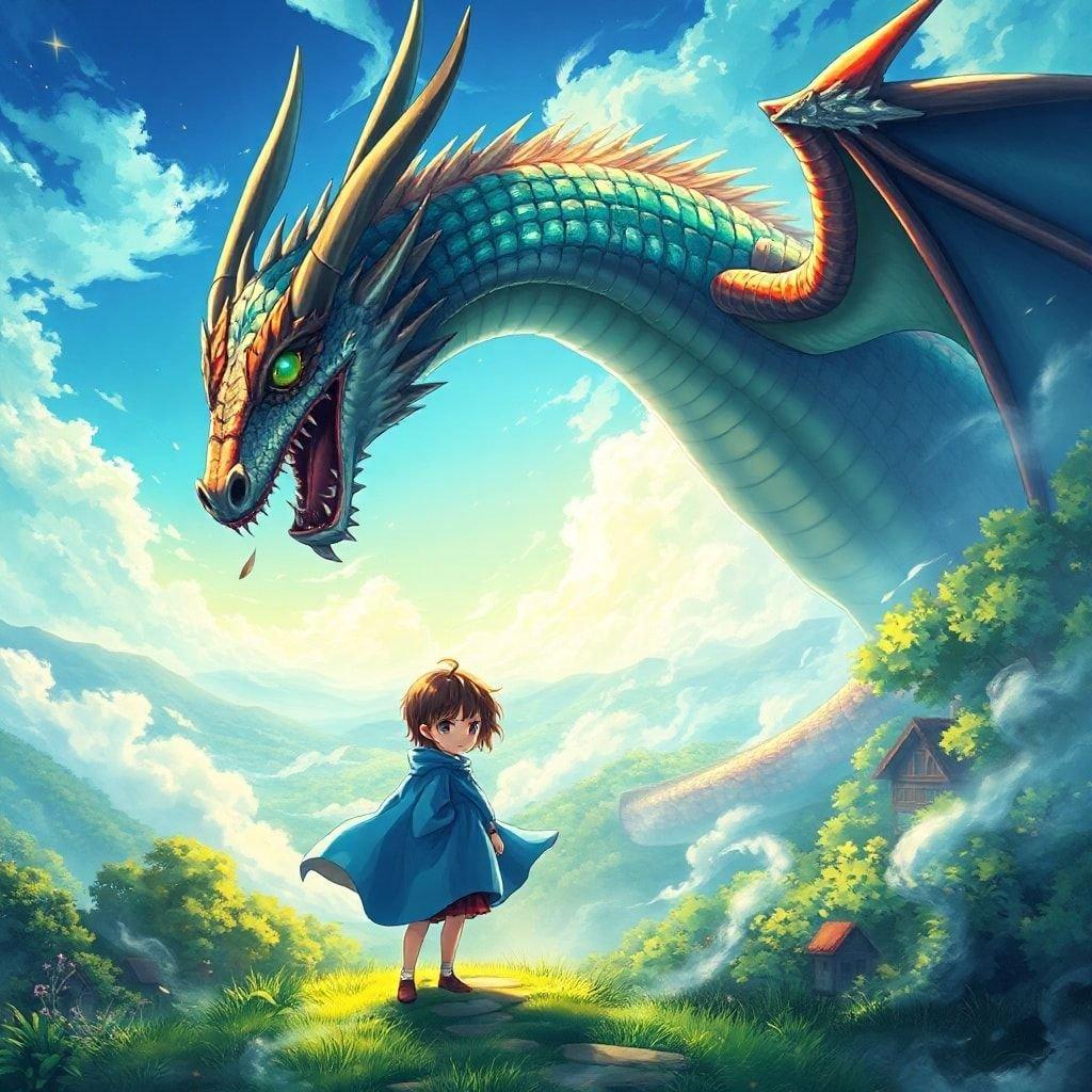 This anime illustration captures a moment of adventure and intrigue as a shy young girl summons a fierce dragon to defend her village. The scene is set against a backdrop of green and blue hues, creating a mysterious atmosphere.