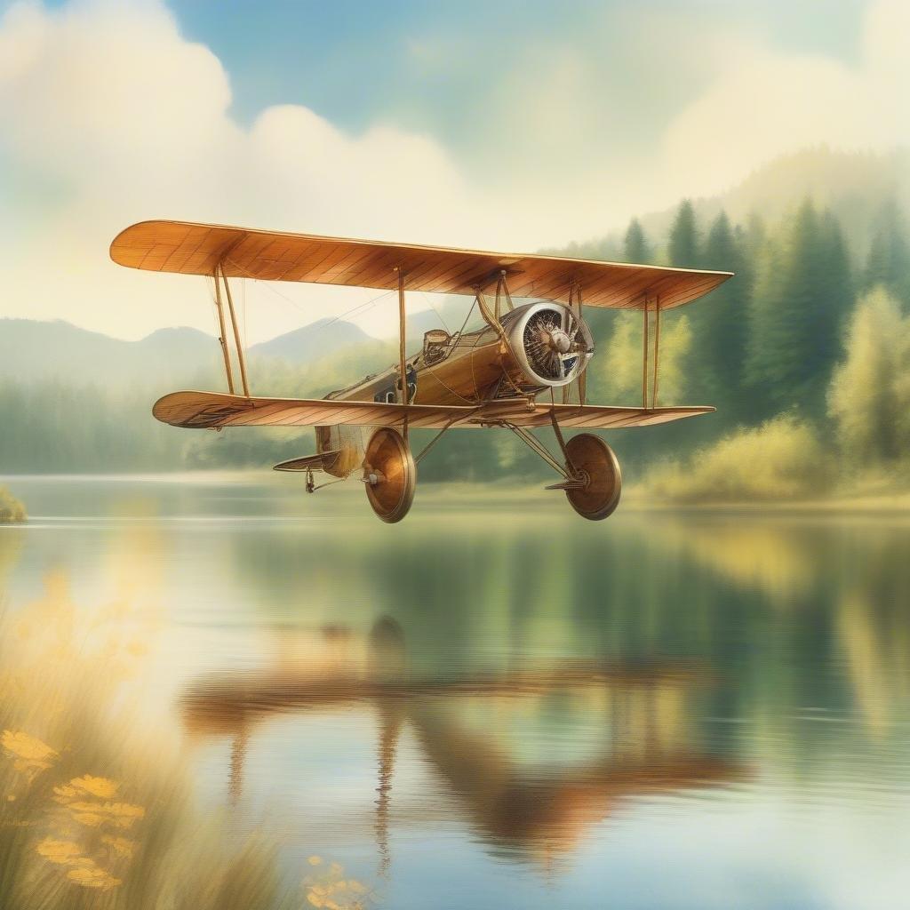 Profitez d'un vol nostalgique avec cet avion à hélice classique, survolant un paisible lac de montagne. Les teintes dorées du soleil du matin ou du soir projettent une lueur chaleureuse sur la scène, ajoutant au charme et à la tranquillité générale.