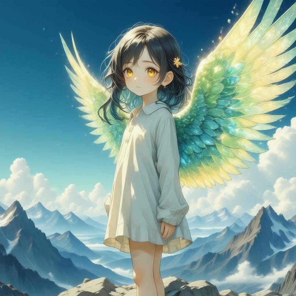 This anime-style illustration features a young girl with iridescent wings standing on a mountain peak, her hair a kaleidoscope of green and blue, and her eyes a bright yellow. The deep blue sky in the background adds a touch of mystery and intrigue to the scene.