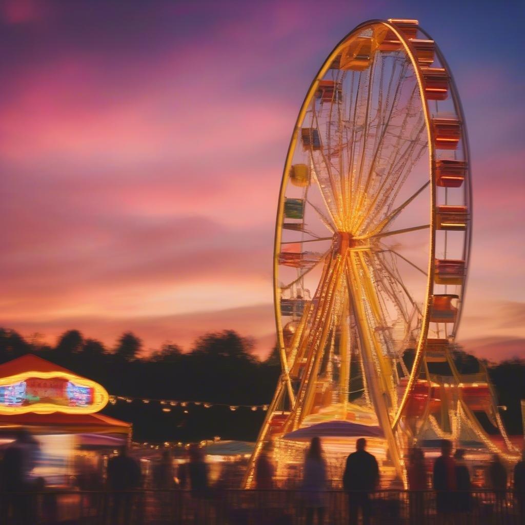 Una ruota panoramica di un parco divertimenti al tramonto, con luci vivaci che proiettano un caldo bagliore sulla scena.