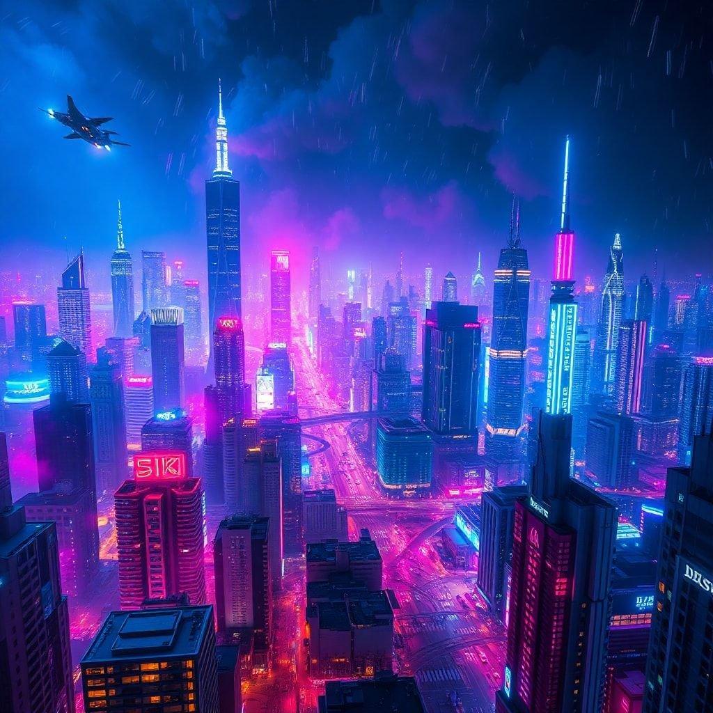 Illuminated neon lights against the twilight skyline. Futuristic city with towering skyscrapers under a starless night.