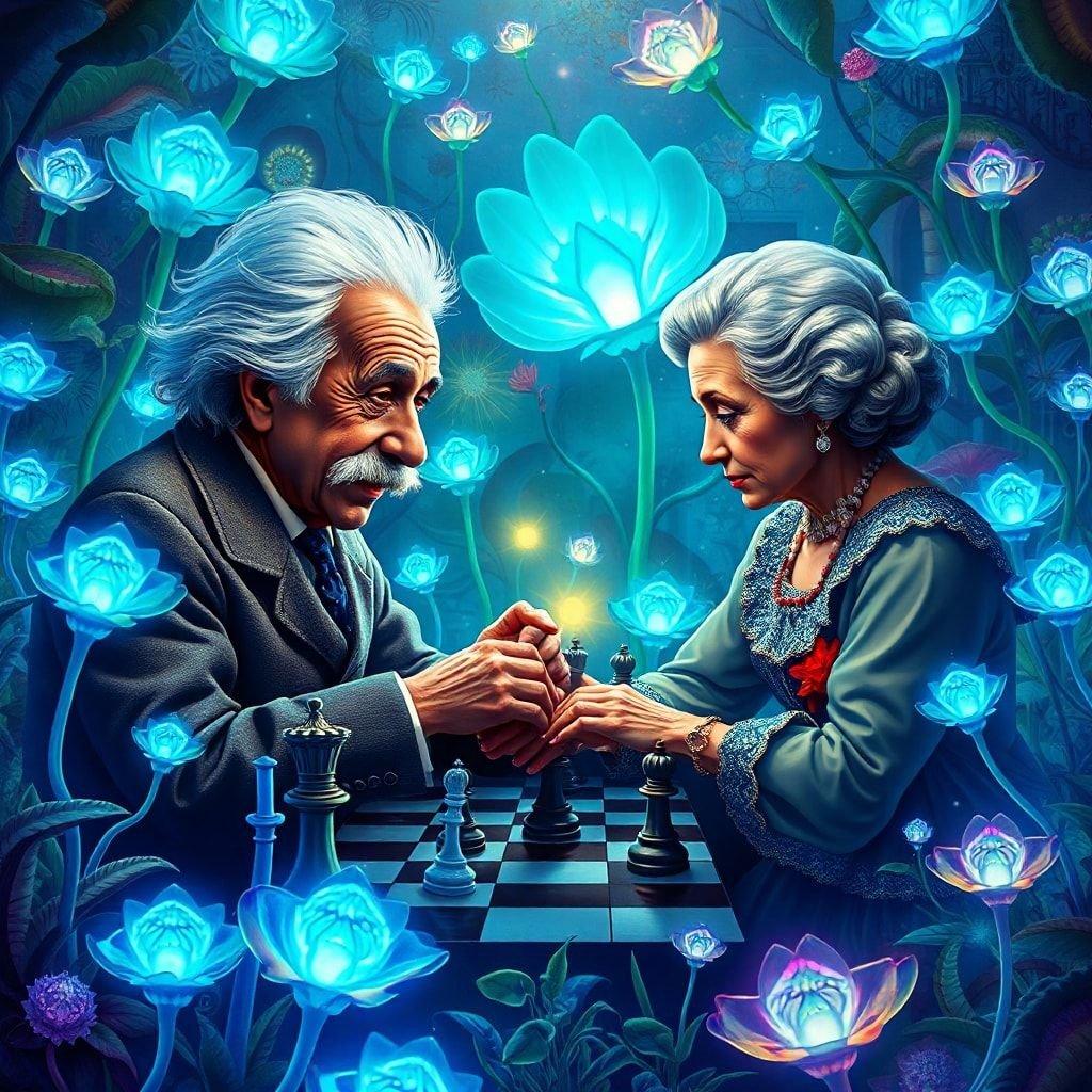 In this captivating wallpaper, Albert Einstein and Queen Elizabeth II engage in a game of chess amidst a whimsical garden, blending the realms of science and royalty with the enchantment of fantasy. The image showcases the unique juxtaposition of these two historical figures in a fantastical setting, inviting viewers to ponder the intersection of intellect and leadership.