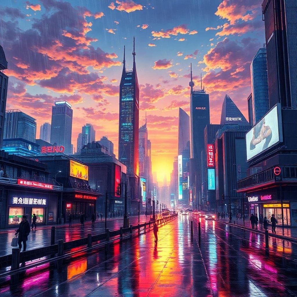 Immerse yourself in the vibrant world of anime with this stunning futuristic cityscape wallpaper. The detailed illustration captures the essence of a futuristic city at sunset, with a wet, reflective street and bright neon lights.