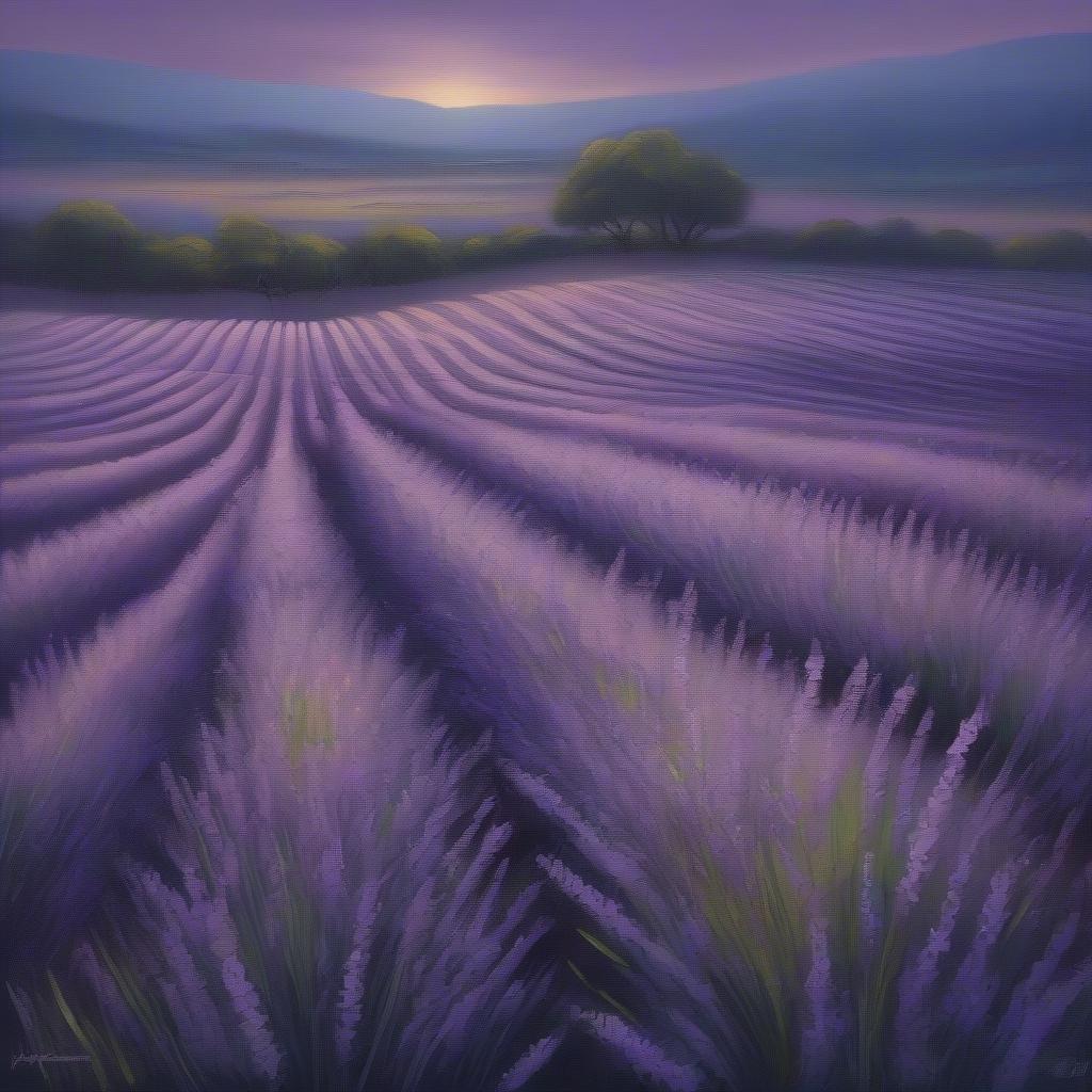 Uma vista tranquila de um extenso campo de lavanda ao crepúsculo, com o sol poente lançando um brilho quente sobre as flores roxas.