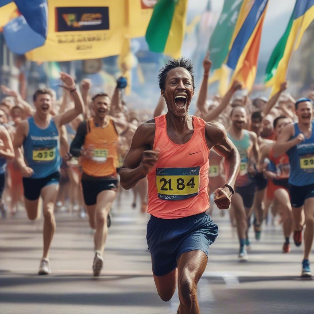 Celebrate the spirit of athleticism with this dynamic sports scene. A runner in mid-stride, kicking up dust from a track that's lined with cheering spectators. The crowd is a blur of colors and excitement as they wave flags, their faces full of joy at the spectacle.