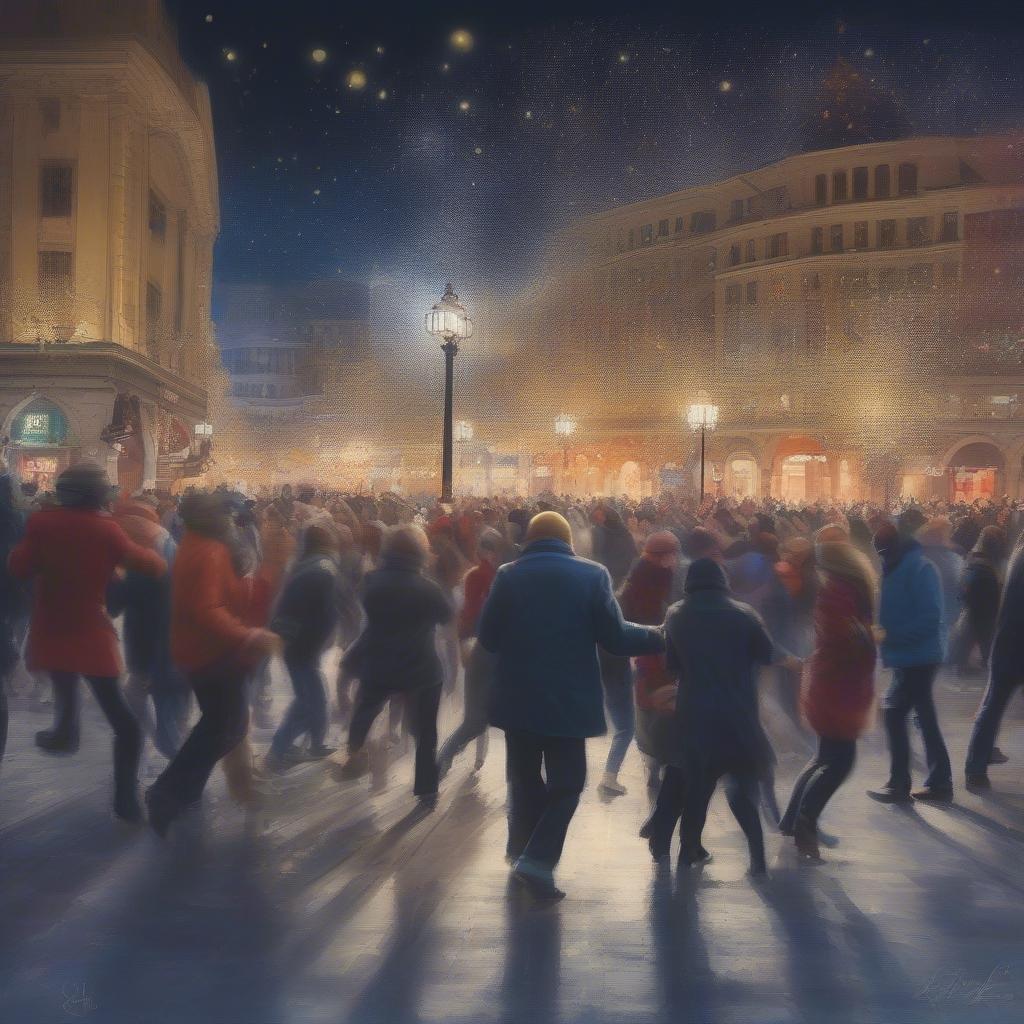 A bustling street scene in a European city, the heart of the action surrounded by festive lights and the magic of the holiday season.