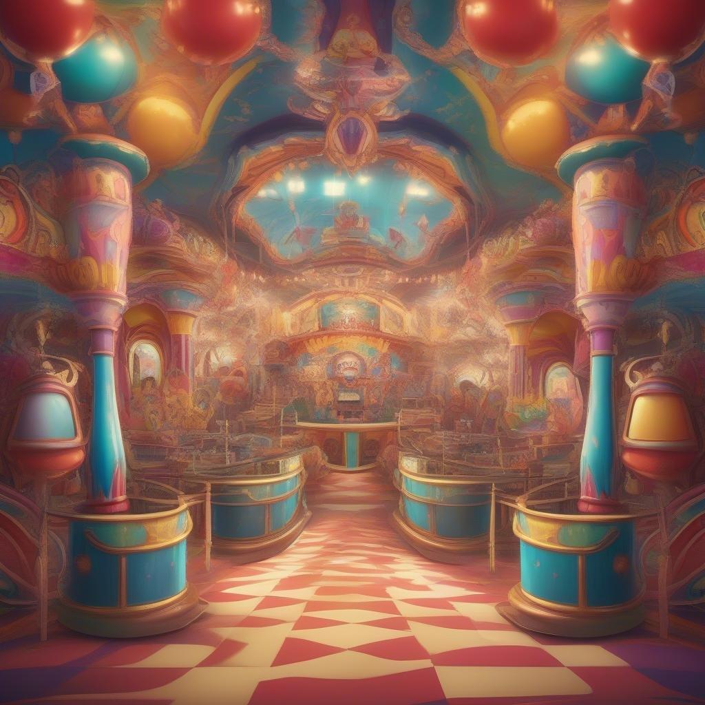 Step into a whimsical carnival tent bathed in a spectrum of colors. The vibrant hues are echoed in the balloons floating amidst the ceiling, adding to the festive atmosphere.